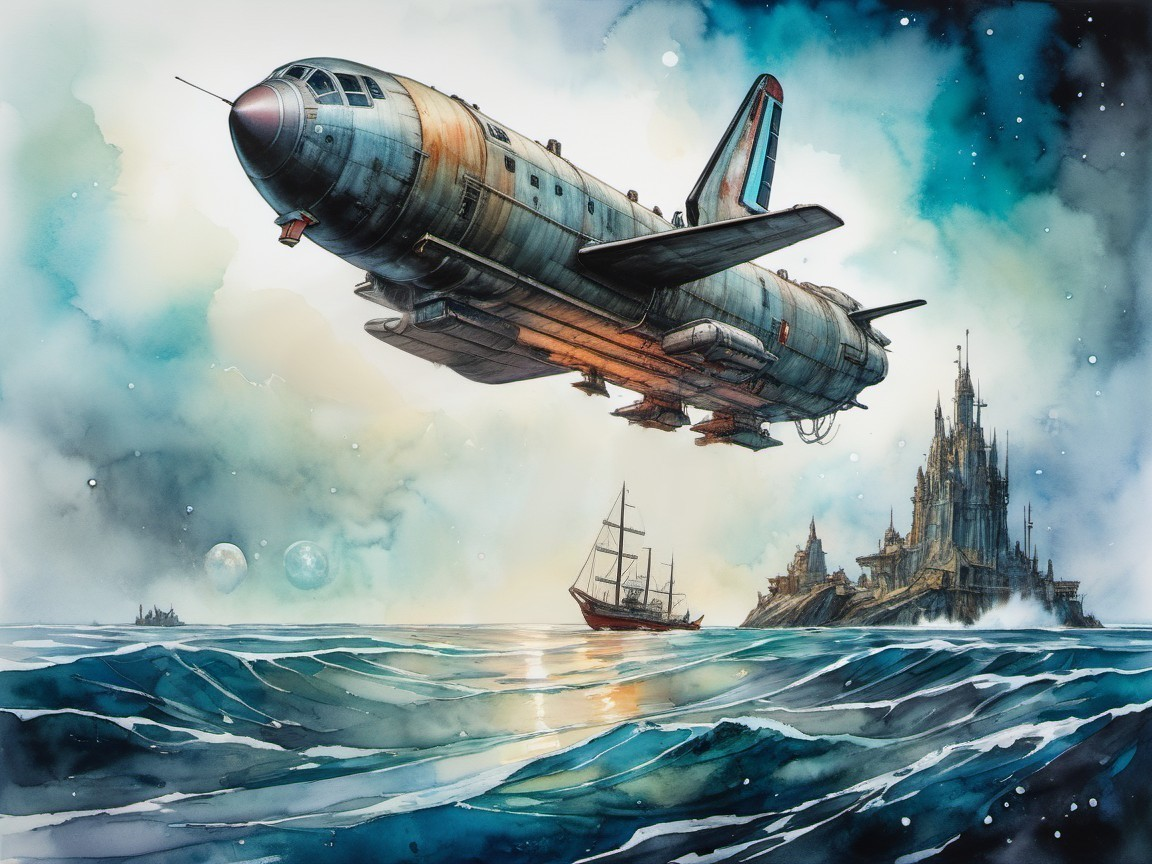 Weathered Spaceship Over Ocean and Castle Scene