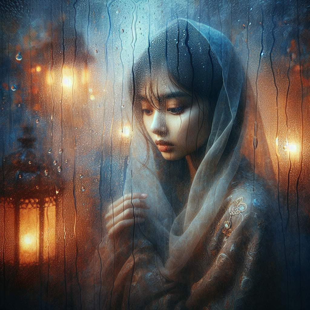 Young Woman Gazing Through Rain-Speckled Window