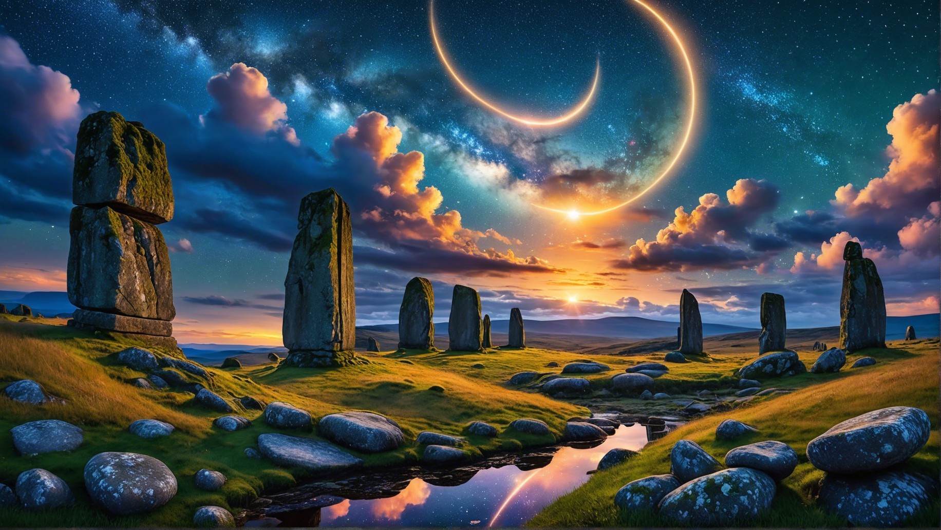 Ancient Stone Formations Under Sunset and Stars