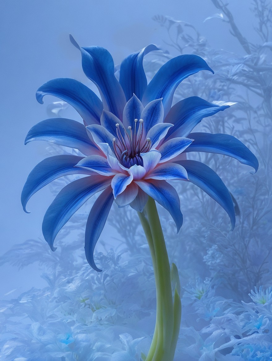 Vibrant blue flower with layered petals on frosty blue background