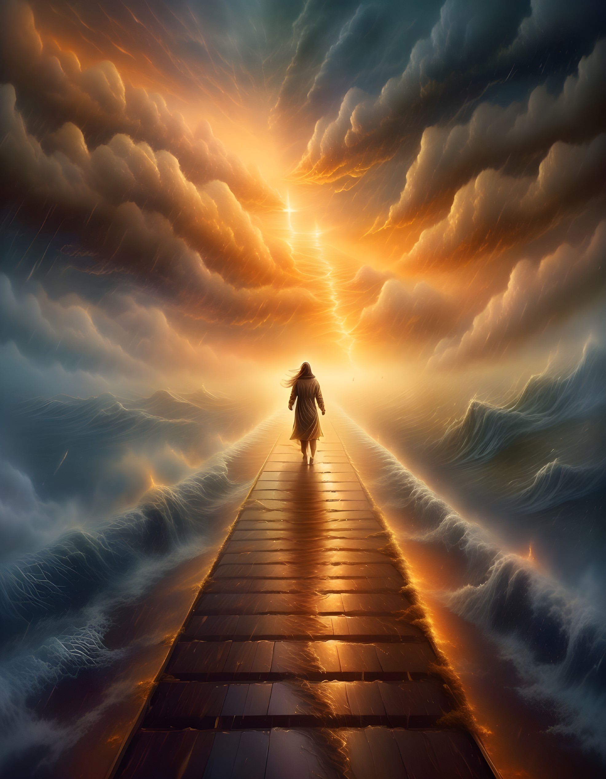 Lone Figure on Shimmering Pathway Under Dramatic Sky
