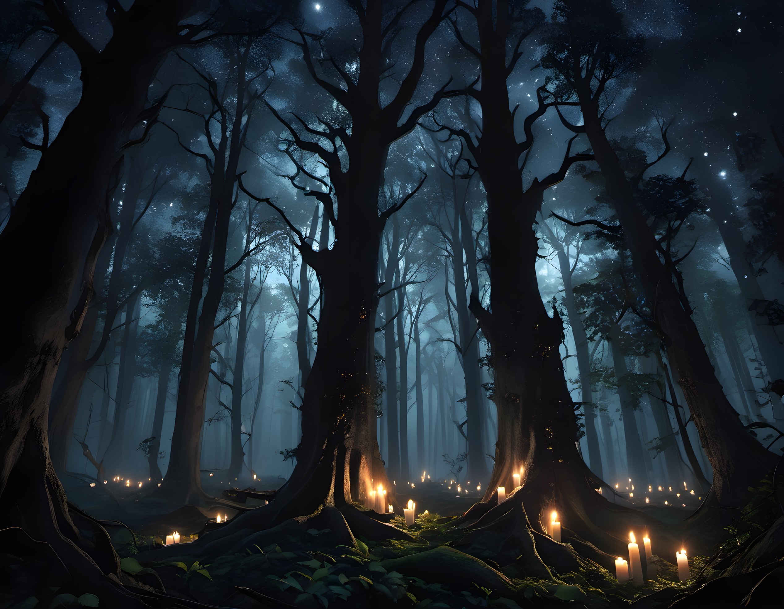 Mystical forest with blue shadows and candlelight glow