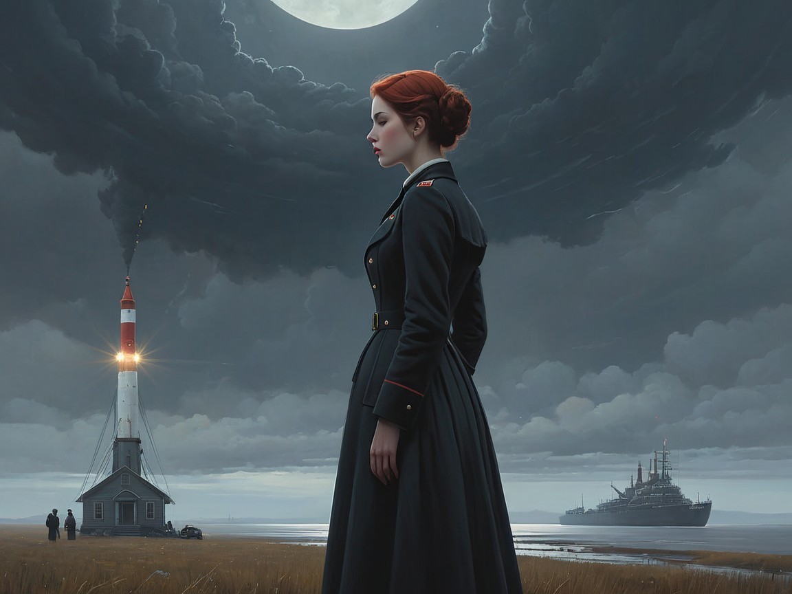 Woman in Military Uniform on Windswept Shoreline