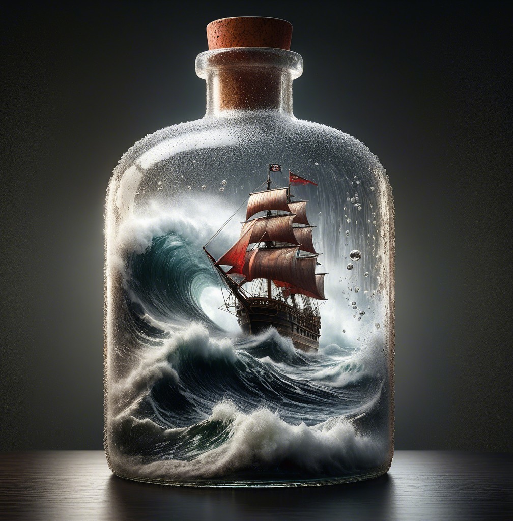 Ship in a Bottle Depicting Stormy Maritime Scene