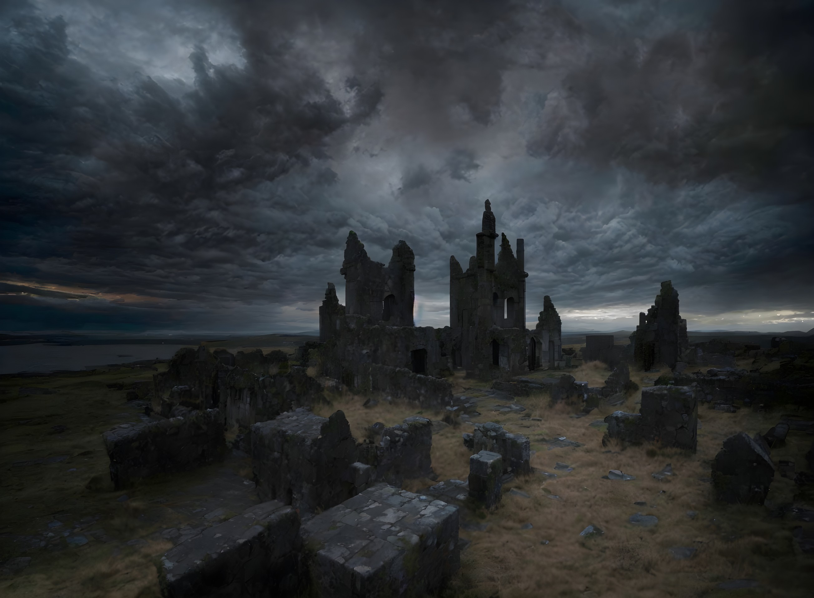 Desolate Landscape with Ruins and Dramatic Sky