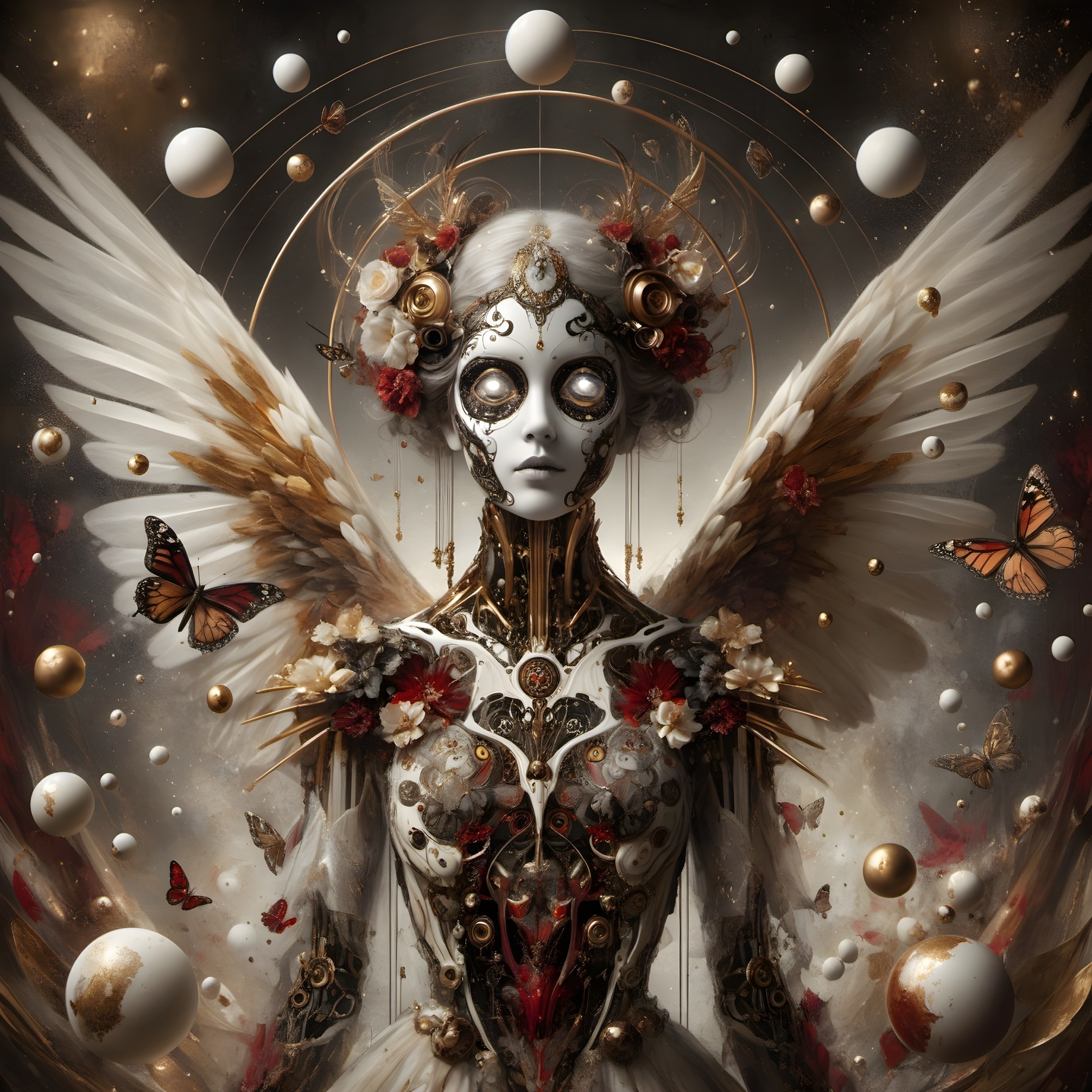 Mechanical Figure with Wings in Mystical Setting