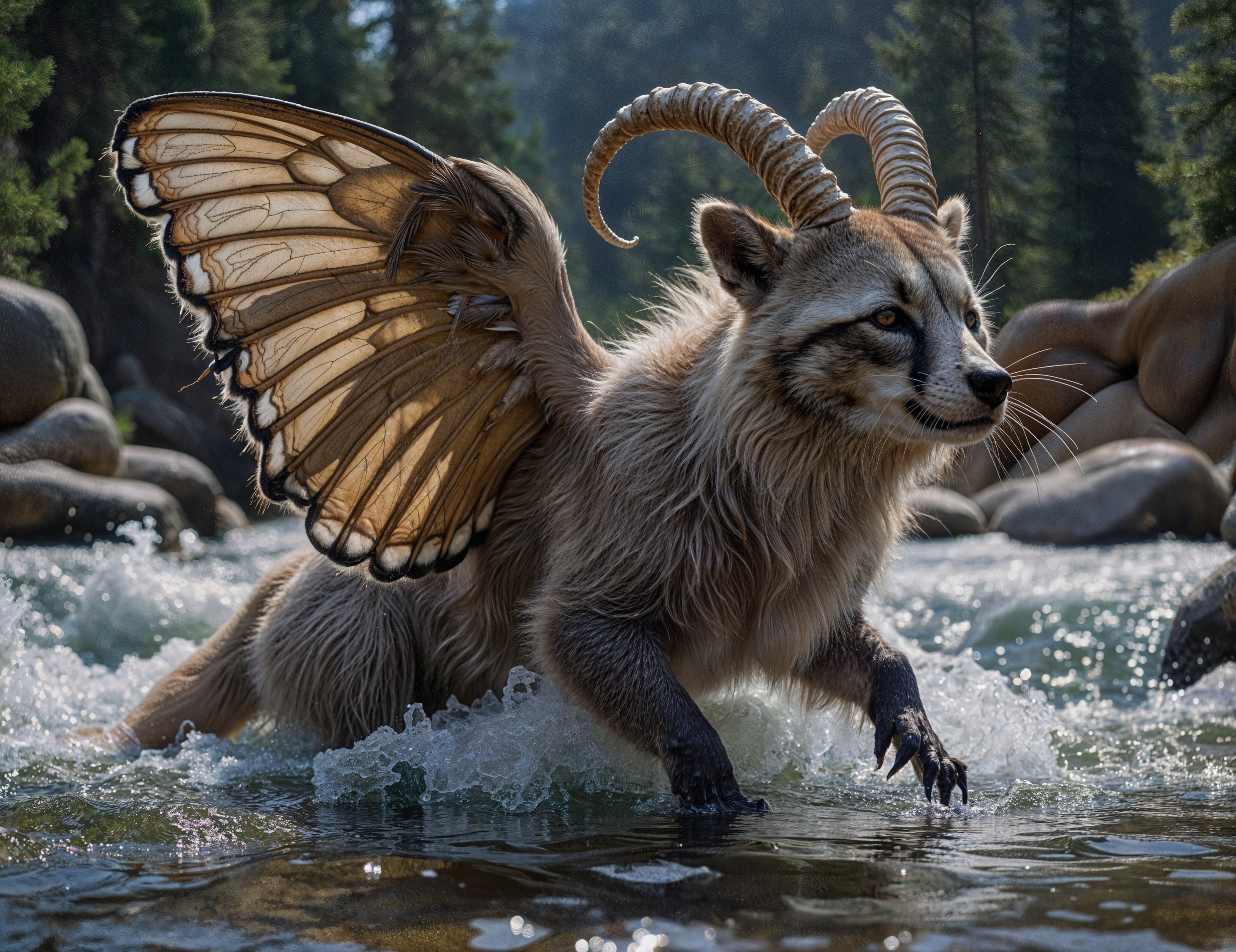 Fantastical creature with fox-goat features in river