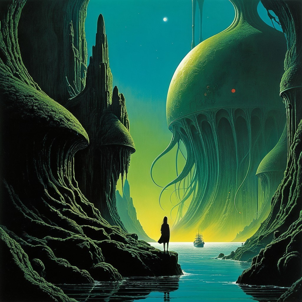 Surreal Landscape with Alien Formations and Jellyfish Structure