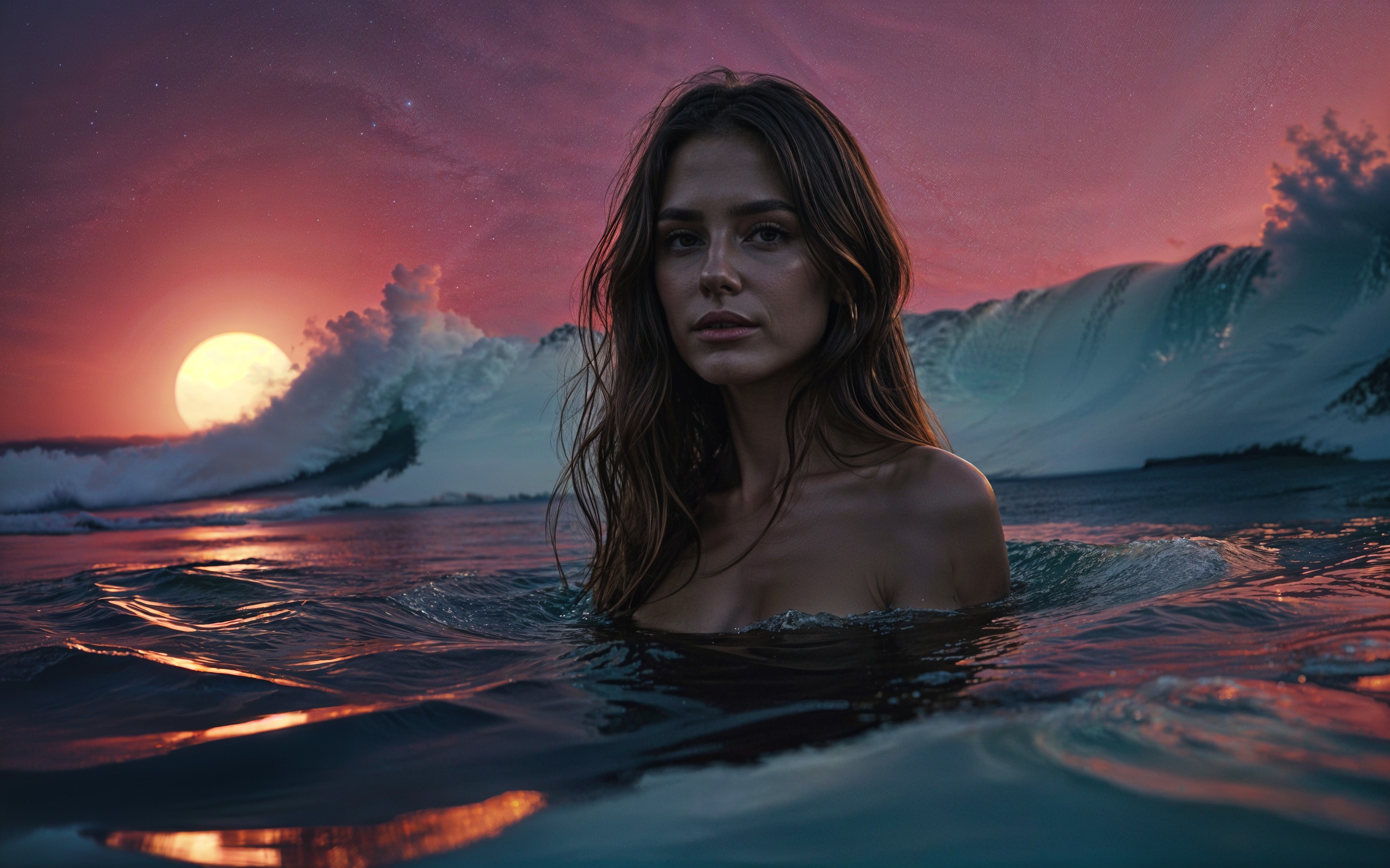Young woman in ocean at sunset with crashing waves
