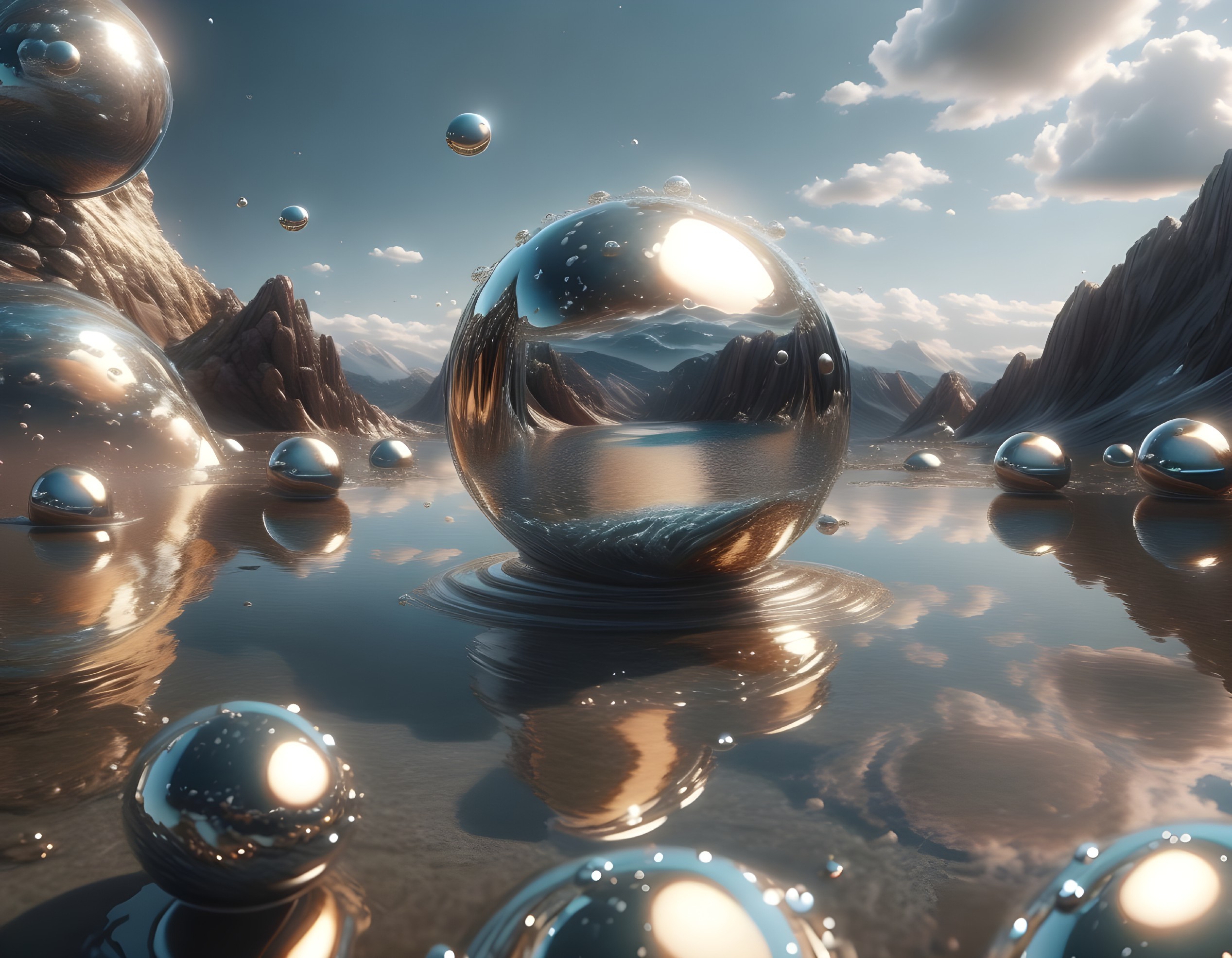 Surreal Landscape with Reflective Lake and Mountains