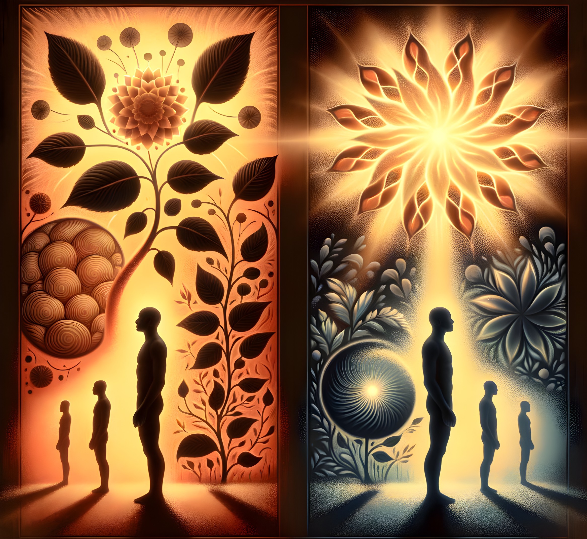 Stylized panels depict human life stages with floral backgrounds