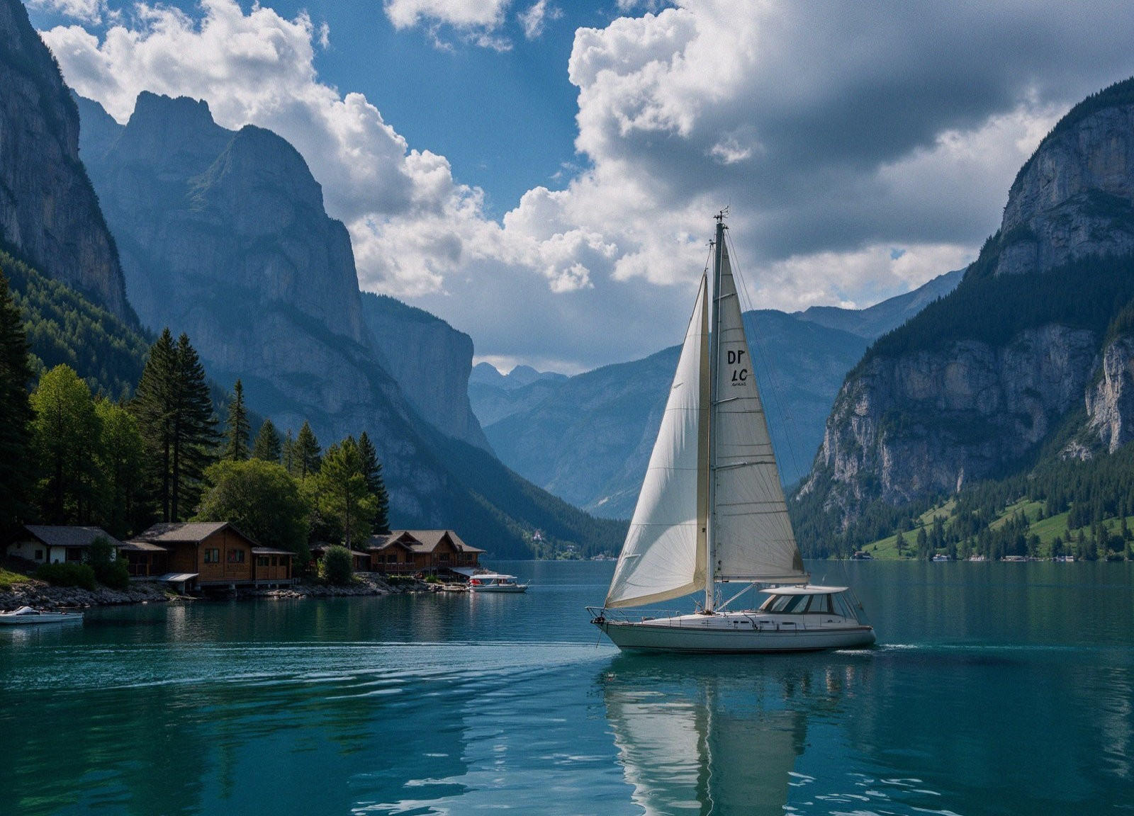 Serene Lake Surrounded by Mountains and Greenery