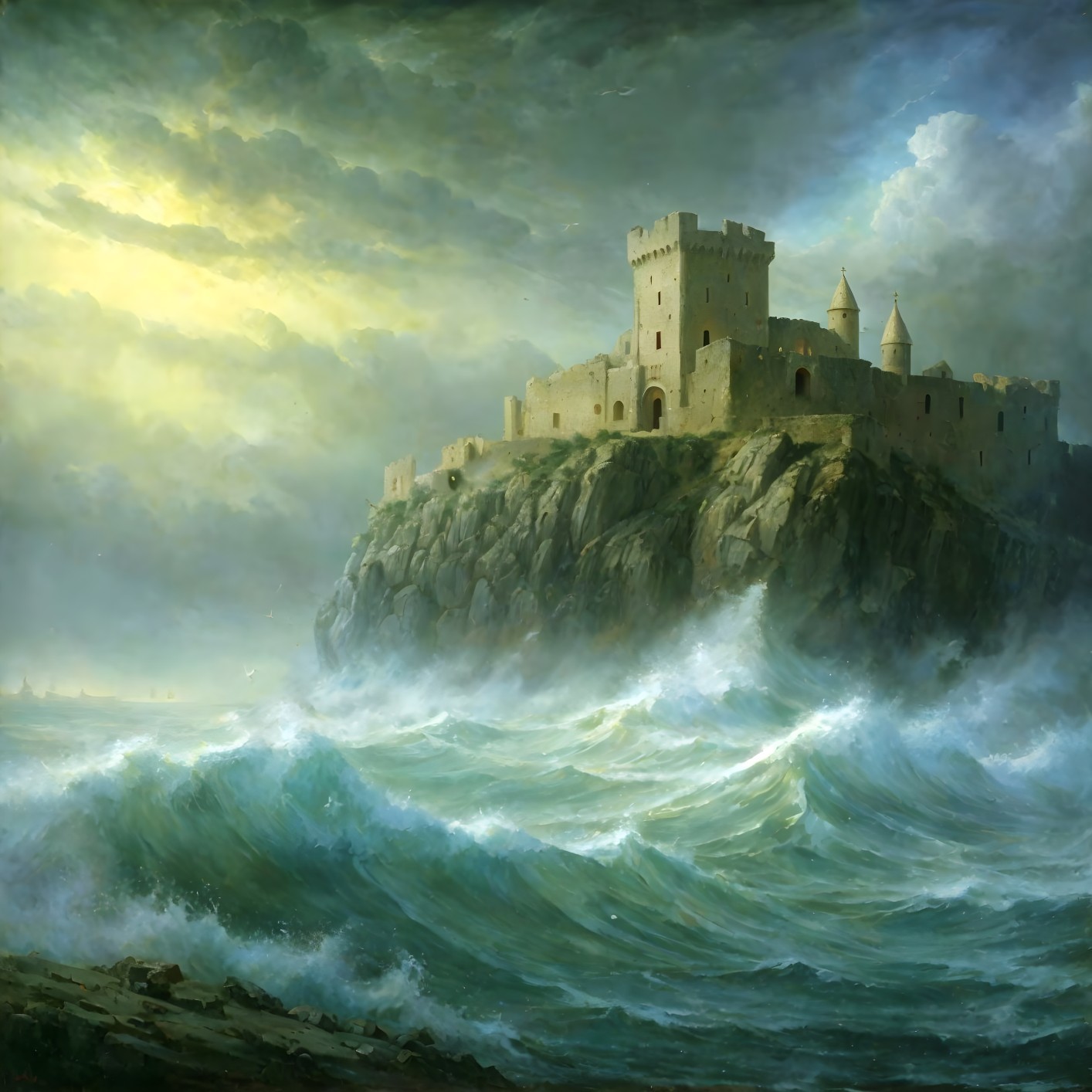 Majestic Castle on Rocky Cliff with Dramatic Sea