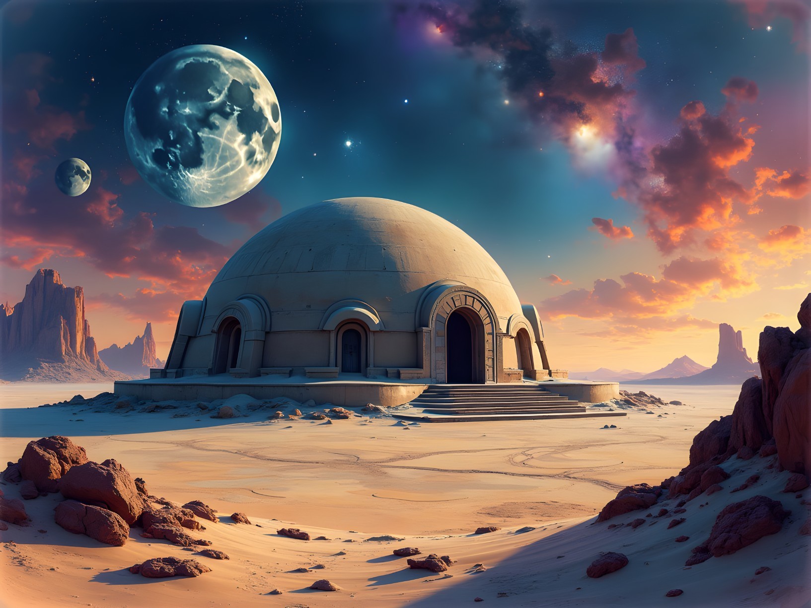 Futuristic Dome in Surreal Desert Landscape at Sunset