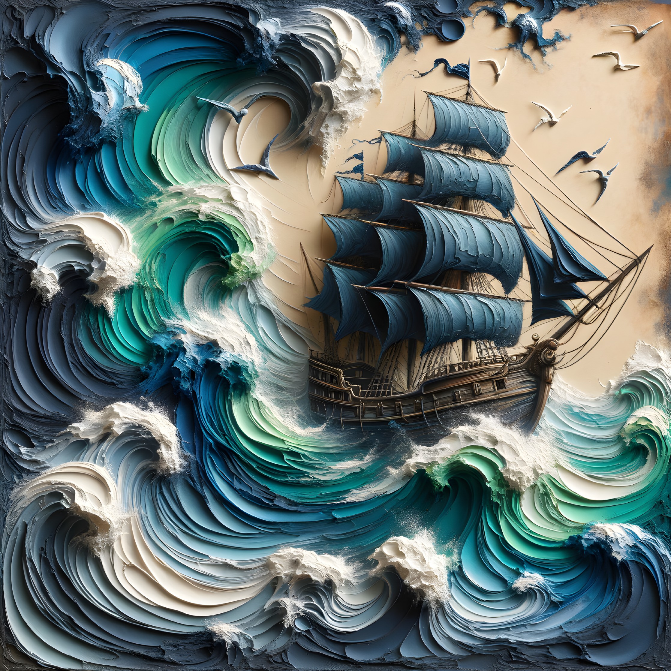Abstract Artwork of a Ship in Turbulent Waves