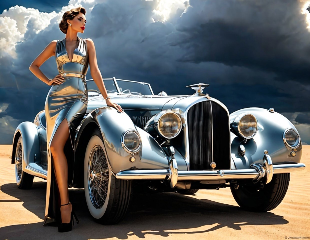 Glamorous Woman in Silver Gown by Vintage Convertible