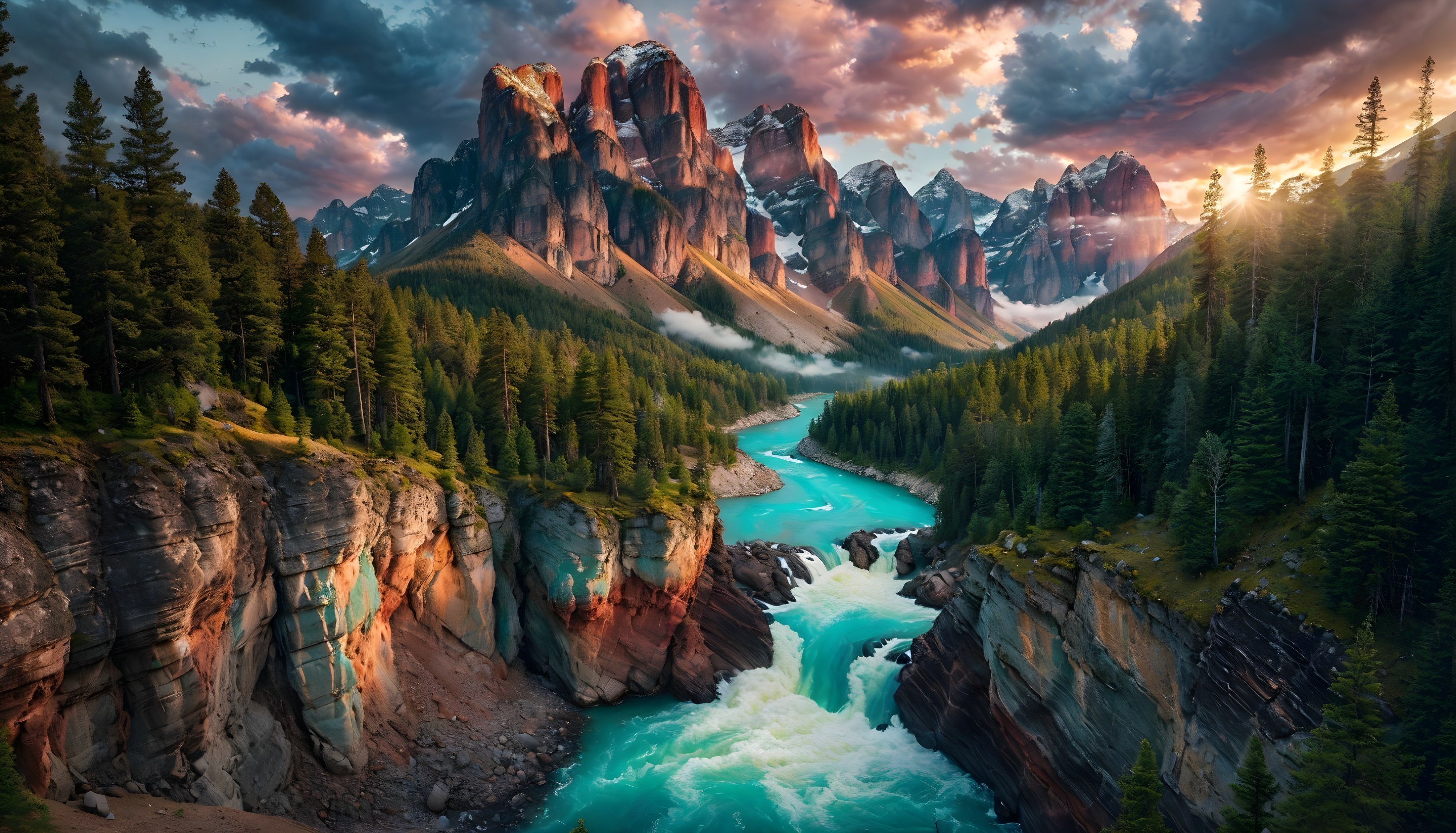 Dramatic Mountain Landscape with Sunset and River