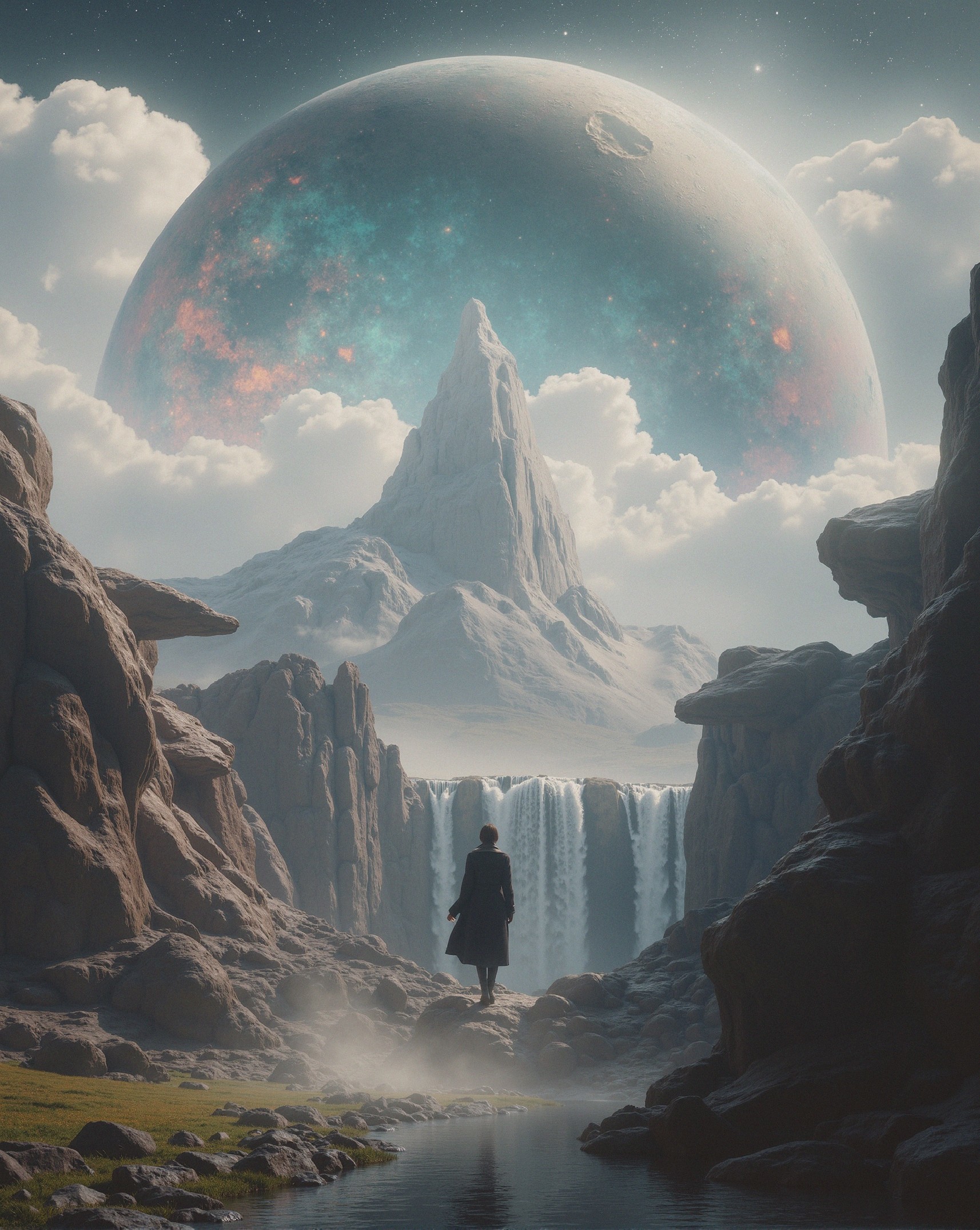 Solitary Figure by Waterfall in Otherworldly Landscape