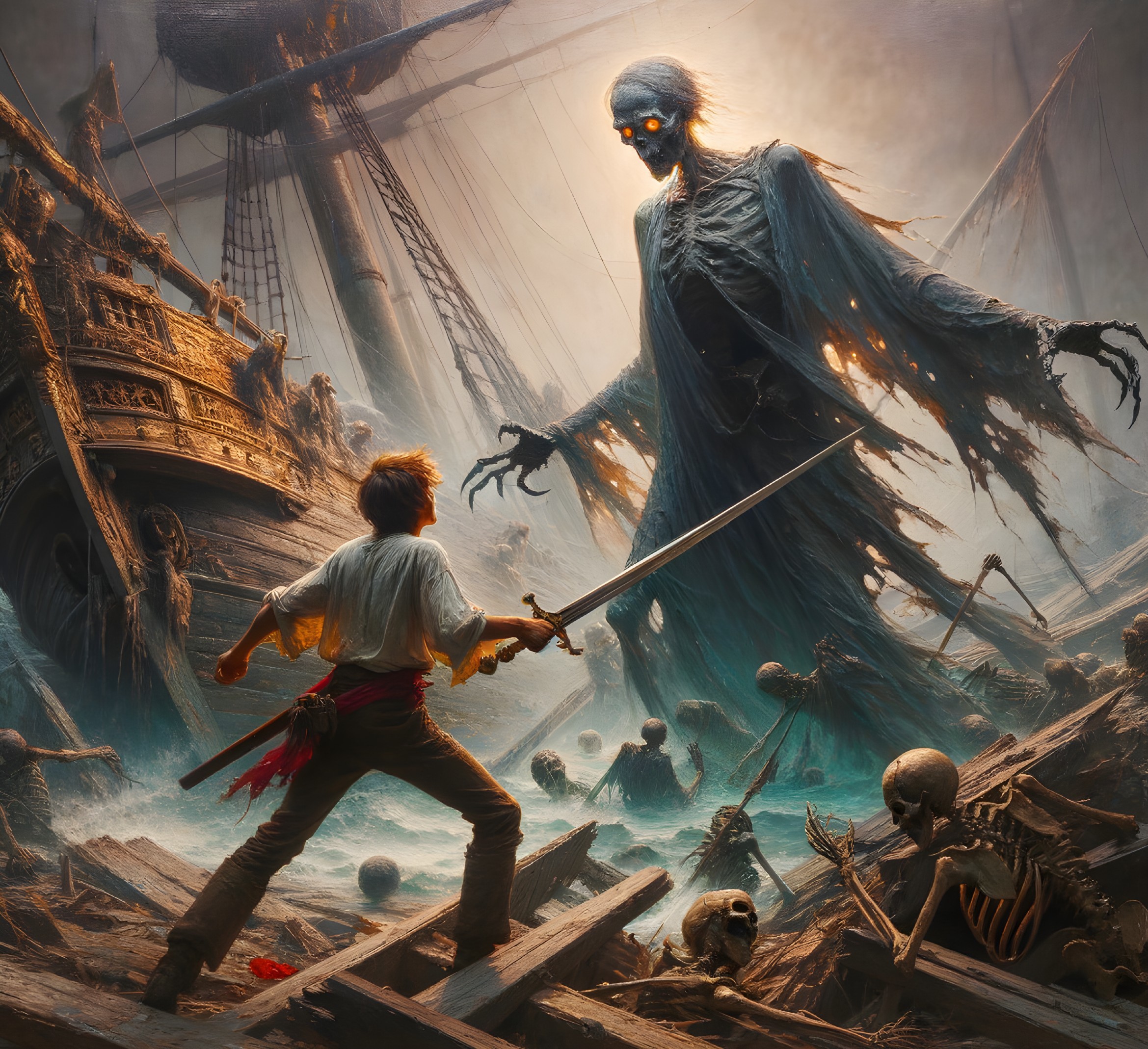 Fantasy artwork of a sword-wielding figure confronting a spectral pirate in a shipwreck scene