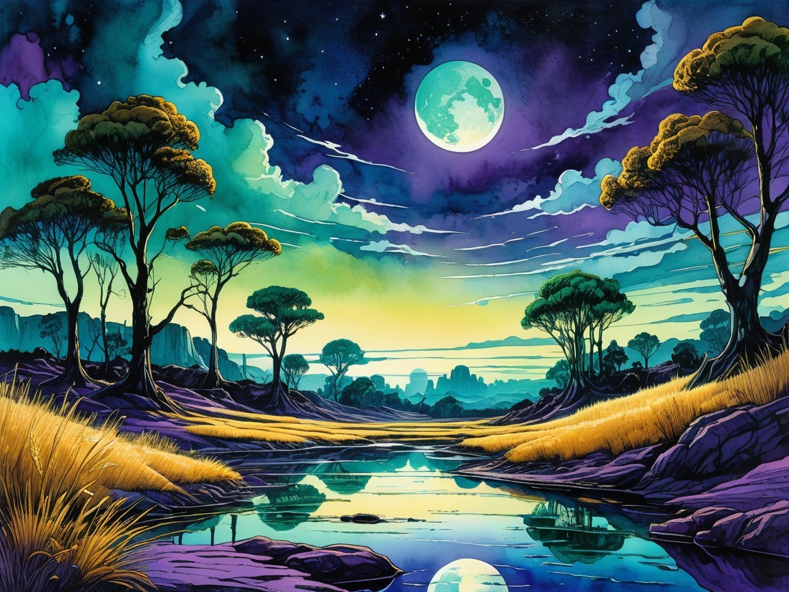 Vibrant Landscape with Starry Sky and Glowing Moon