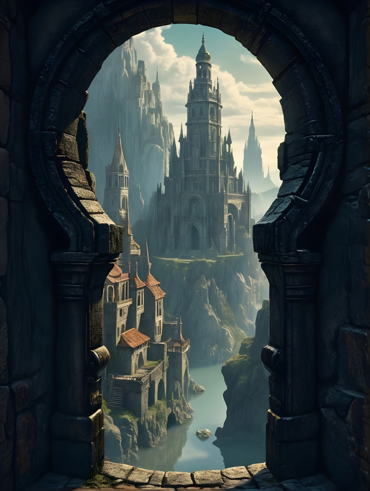 Ornate Stone Archway Overlooks Majestic Landscape