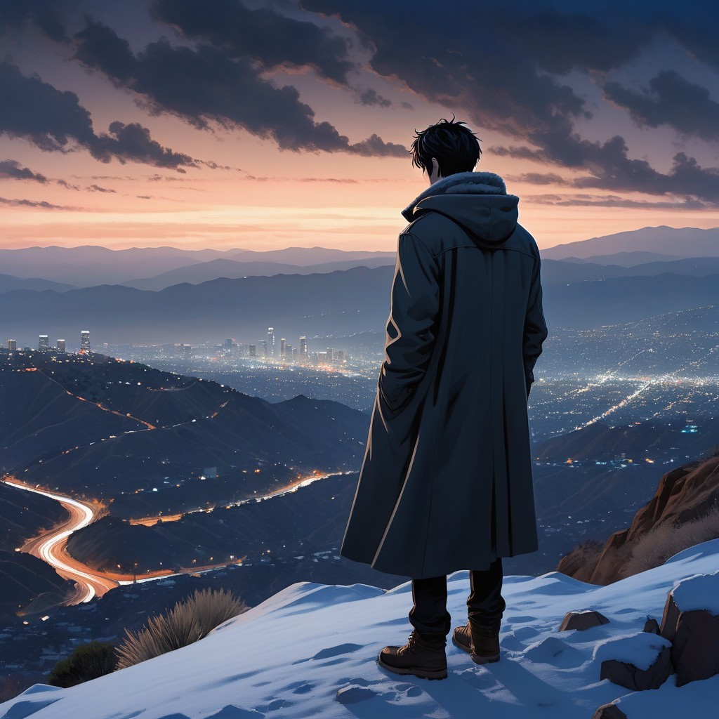 Anime Character in Dark Coat Overlooking City at Night