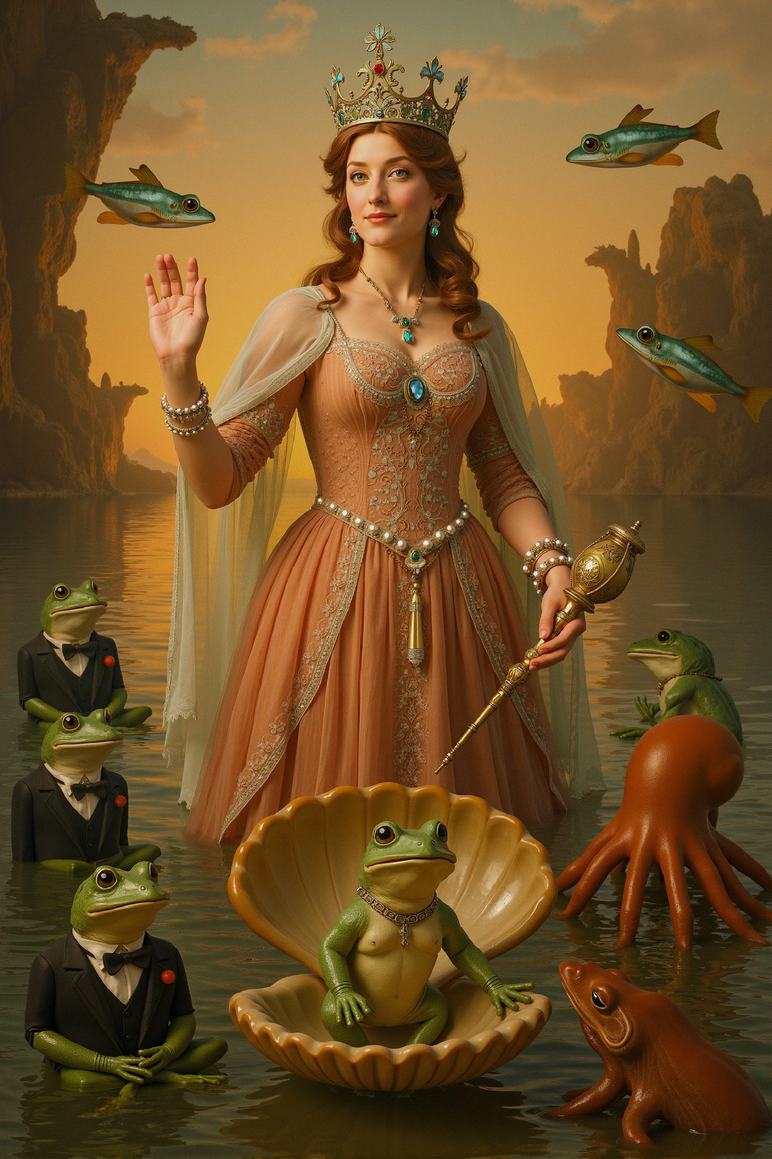 Regal Woman on Water Surrounded by Frogs and Fish