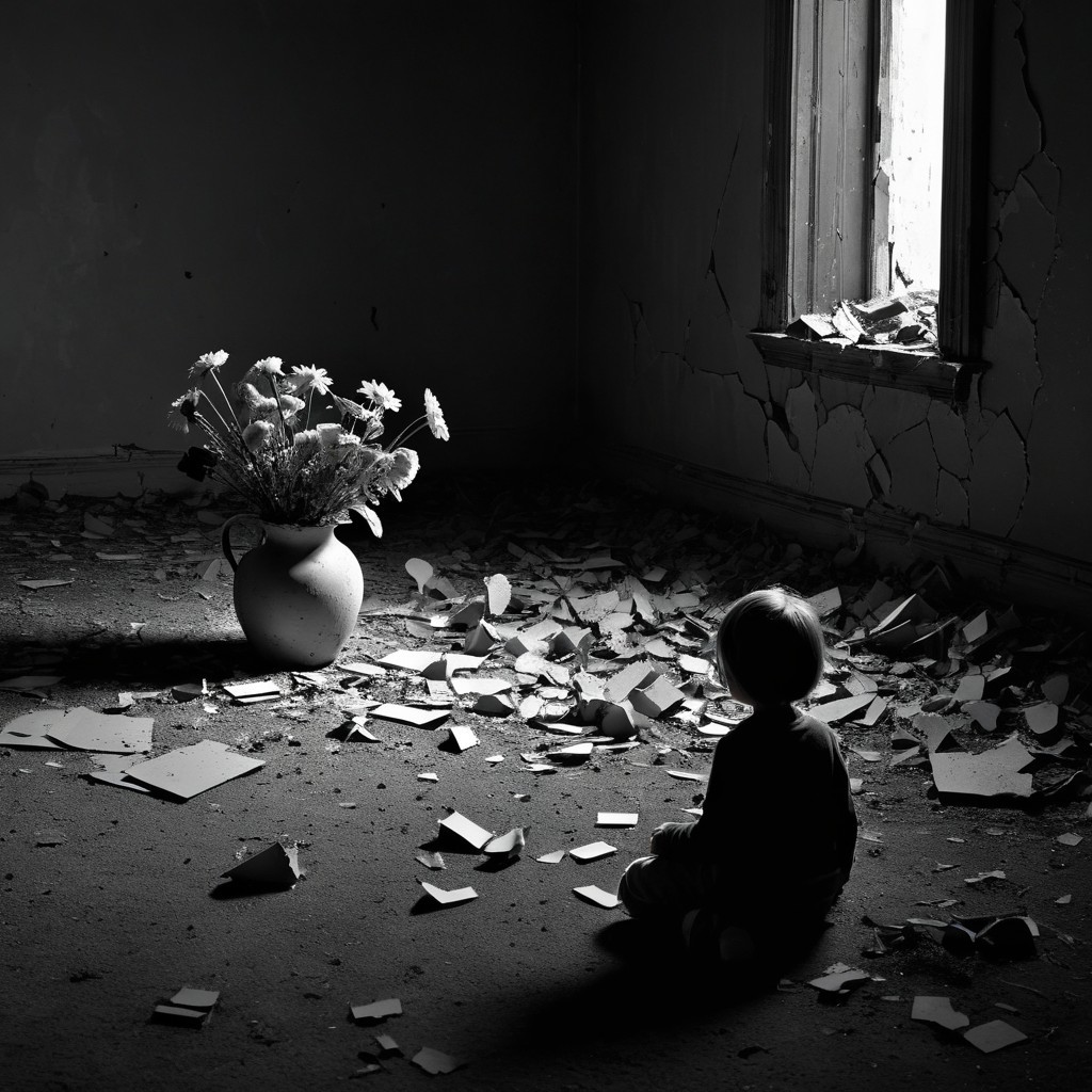 Child in Abandoned Room with Hopeful Flowers