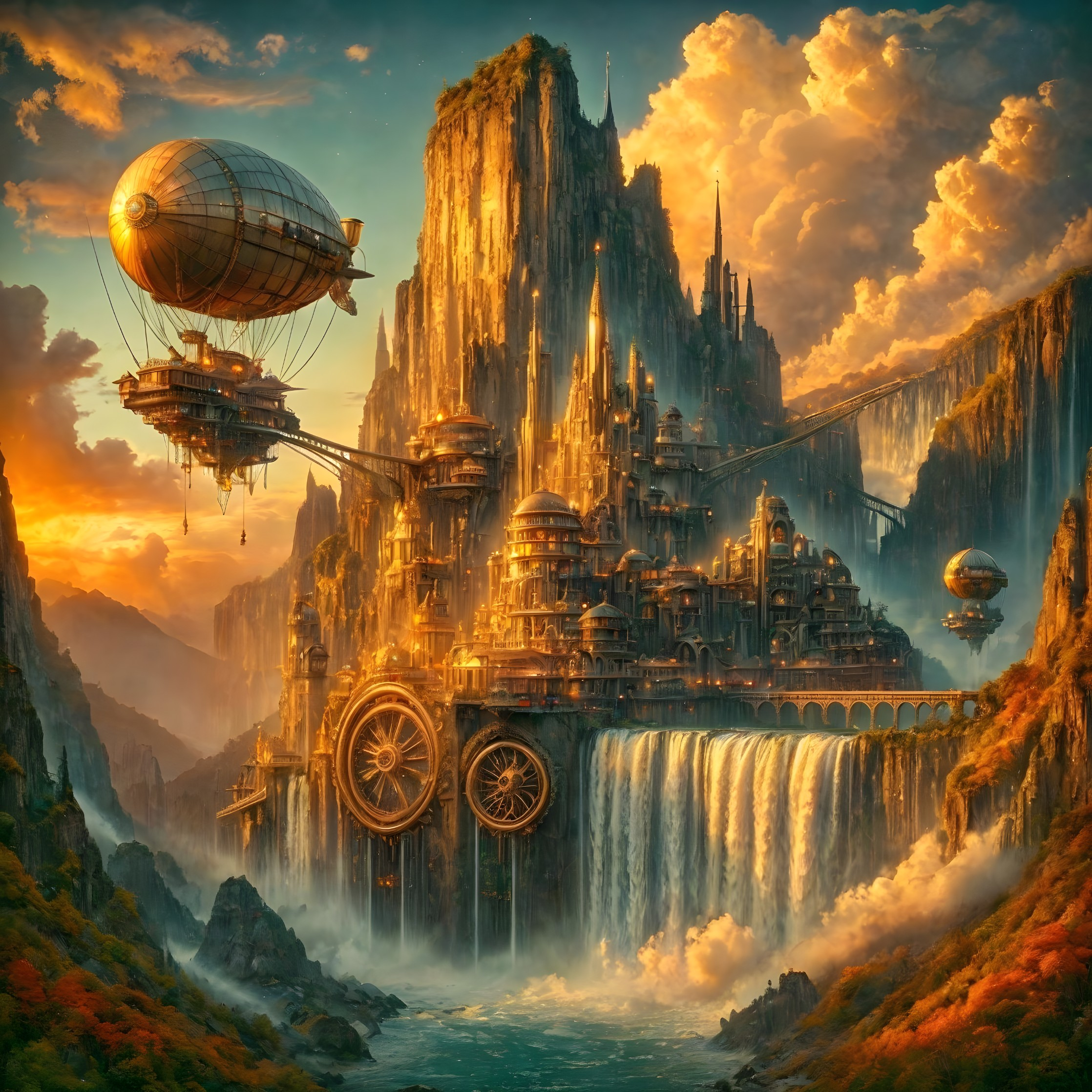 Steampunk City with Cliffs and Airships at Sunset
