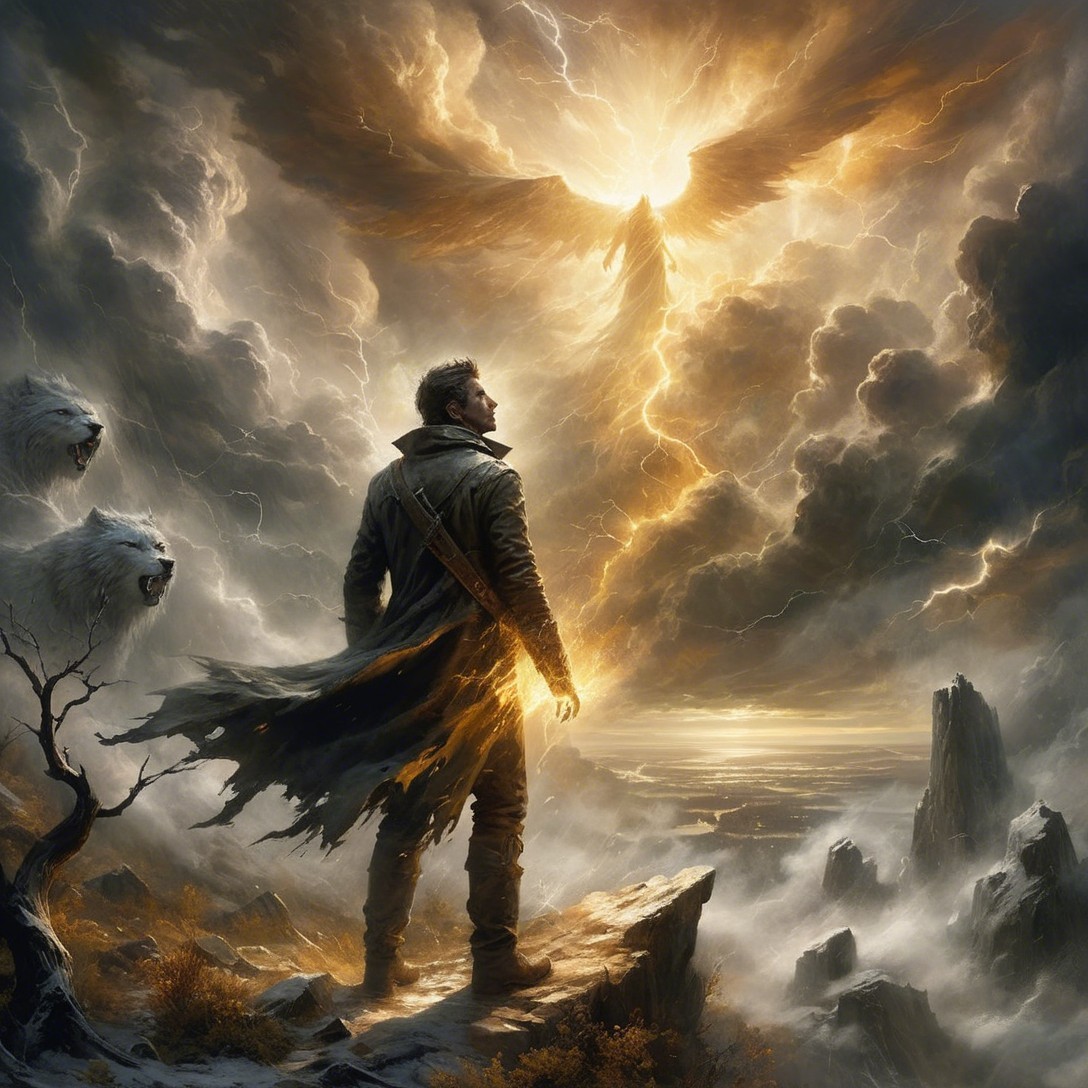 Lone Figure on Rugged Cliff with Mystical Elements