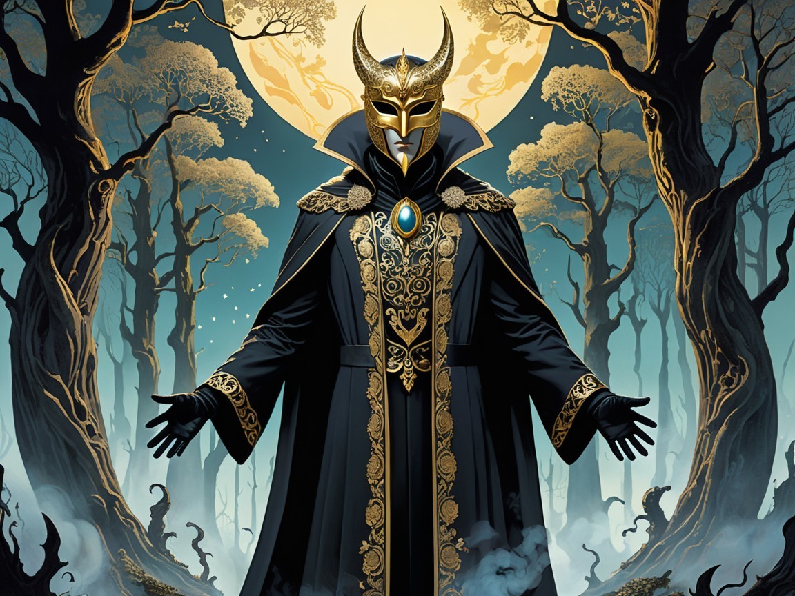 Majestic Figure in Enchanted Forest Under Full Moon