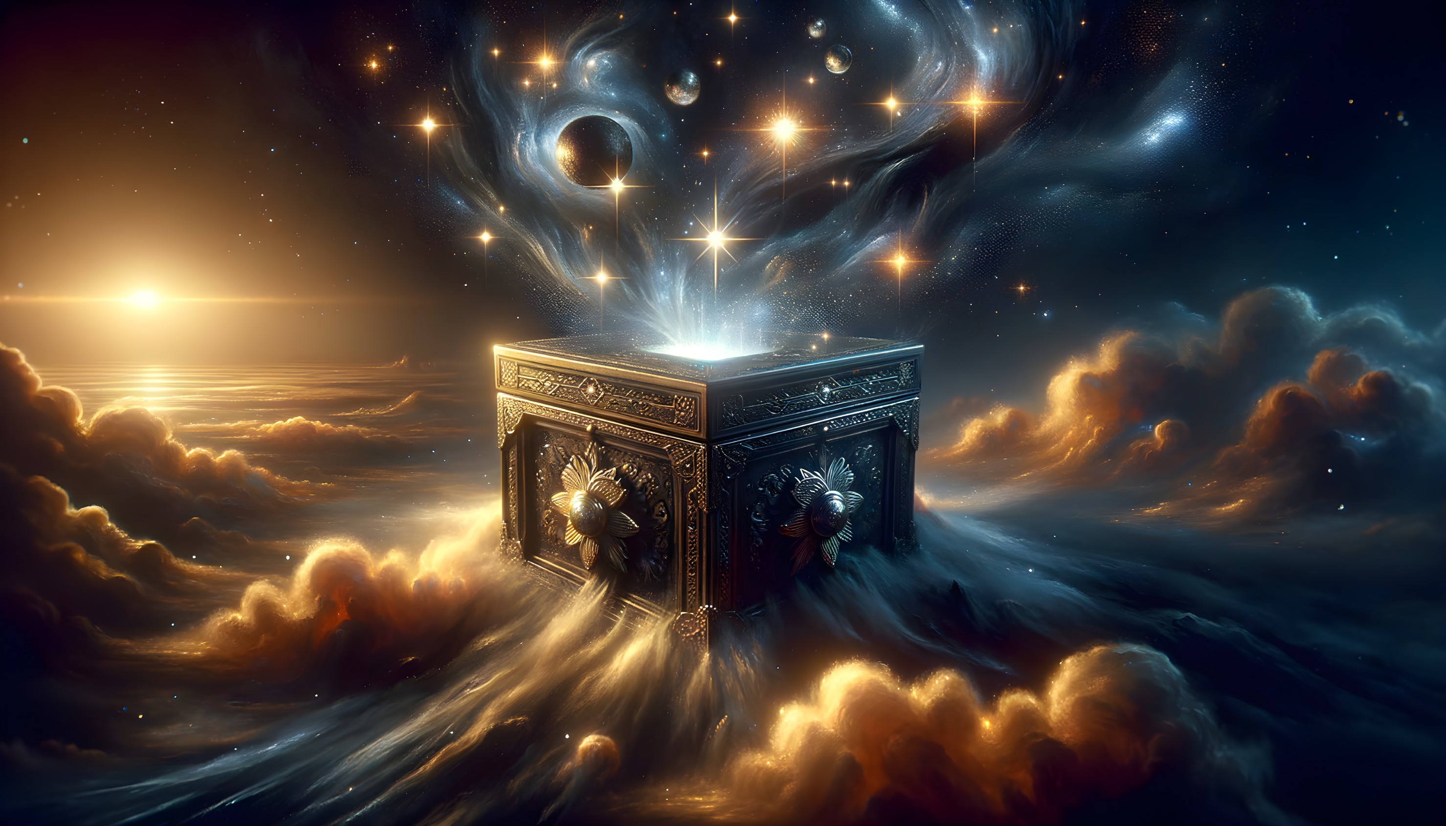 Ornate box floating in celestial cloud backdrop