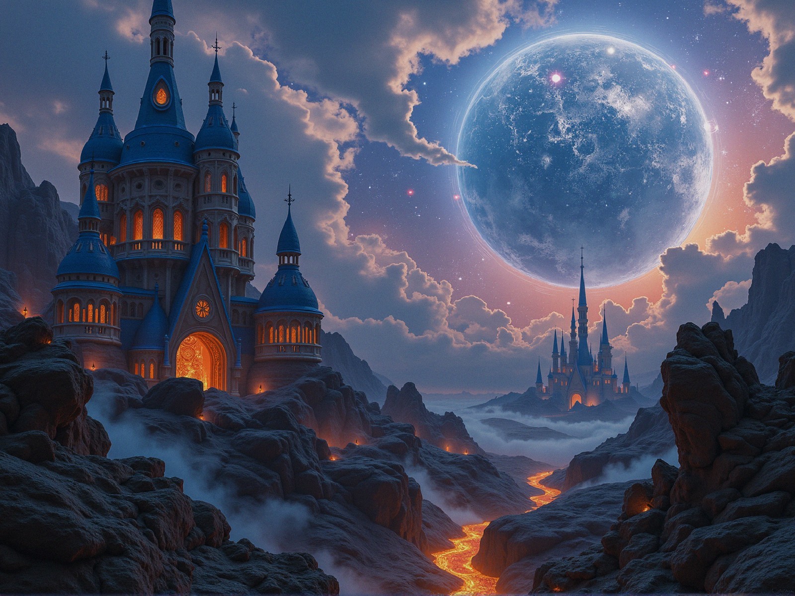 Majestic Castle with Blue Spires and Lava River