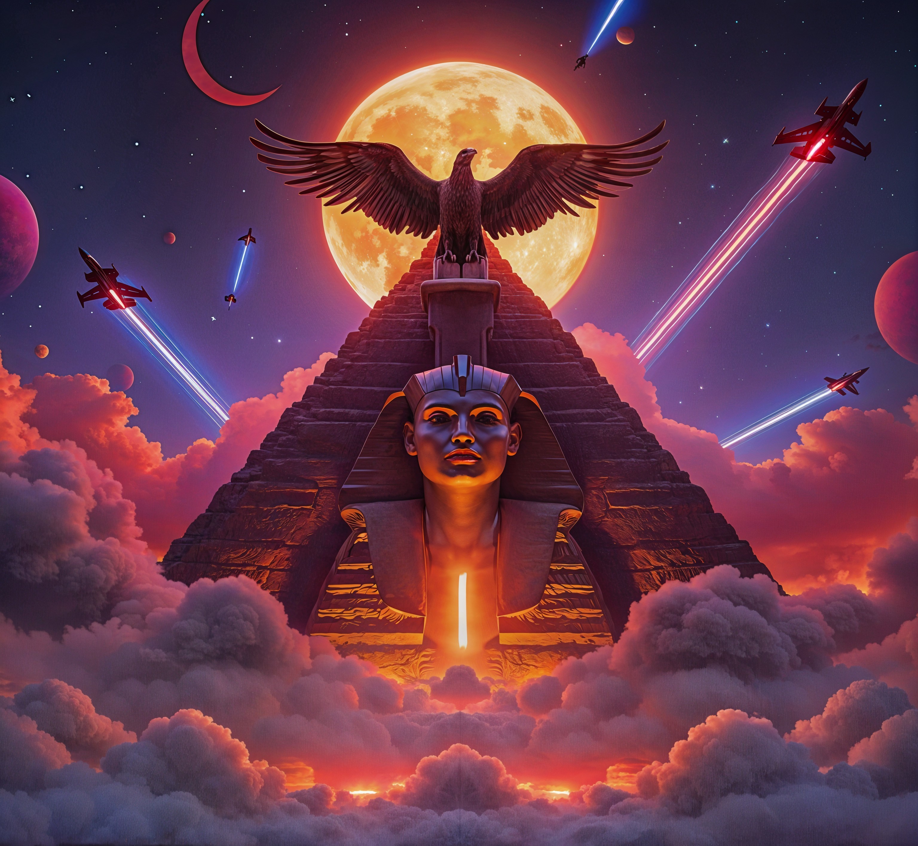 Surreal Scene of Pyramid and Cosmic Sky Elements