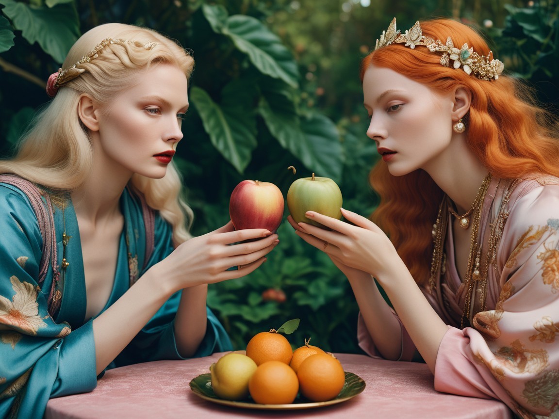 Elegant women with apples in a lush setting