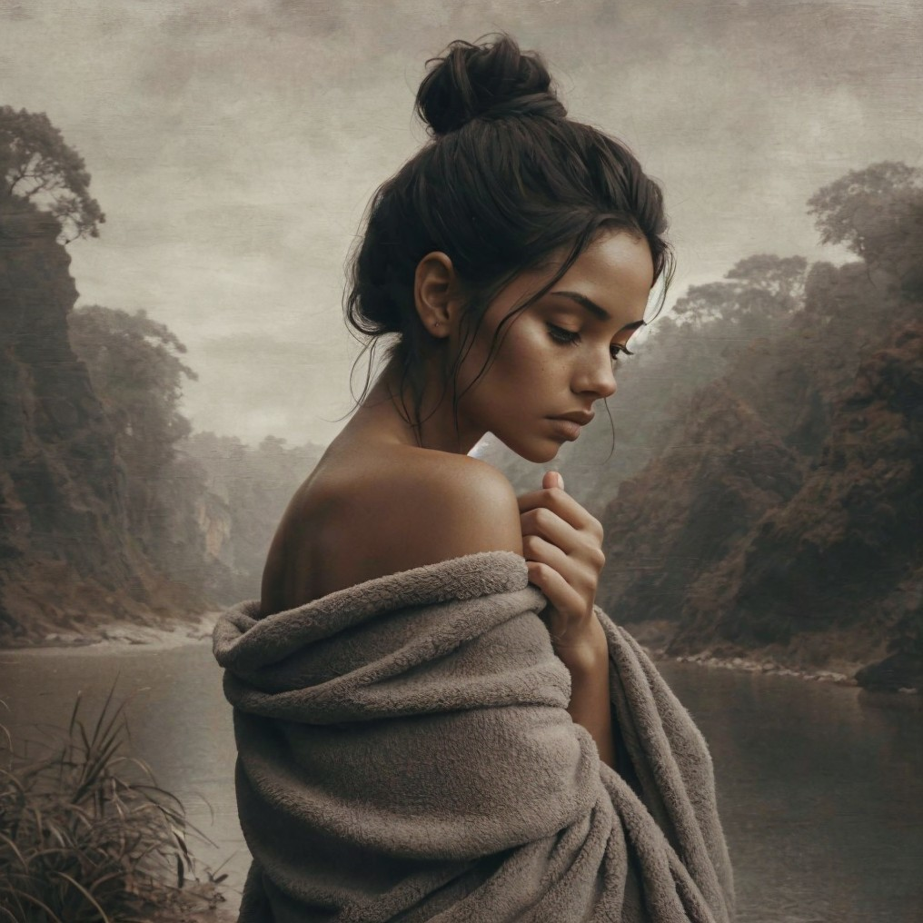 Young Woman by Serene River in Cozy Gray Blanket