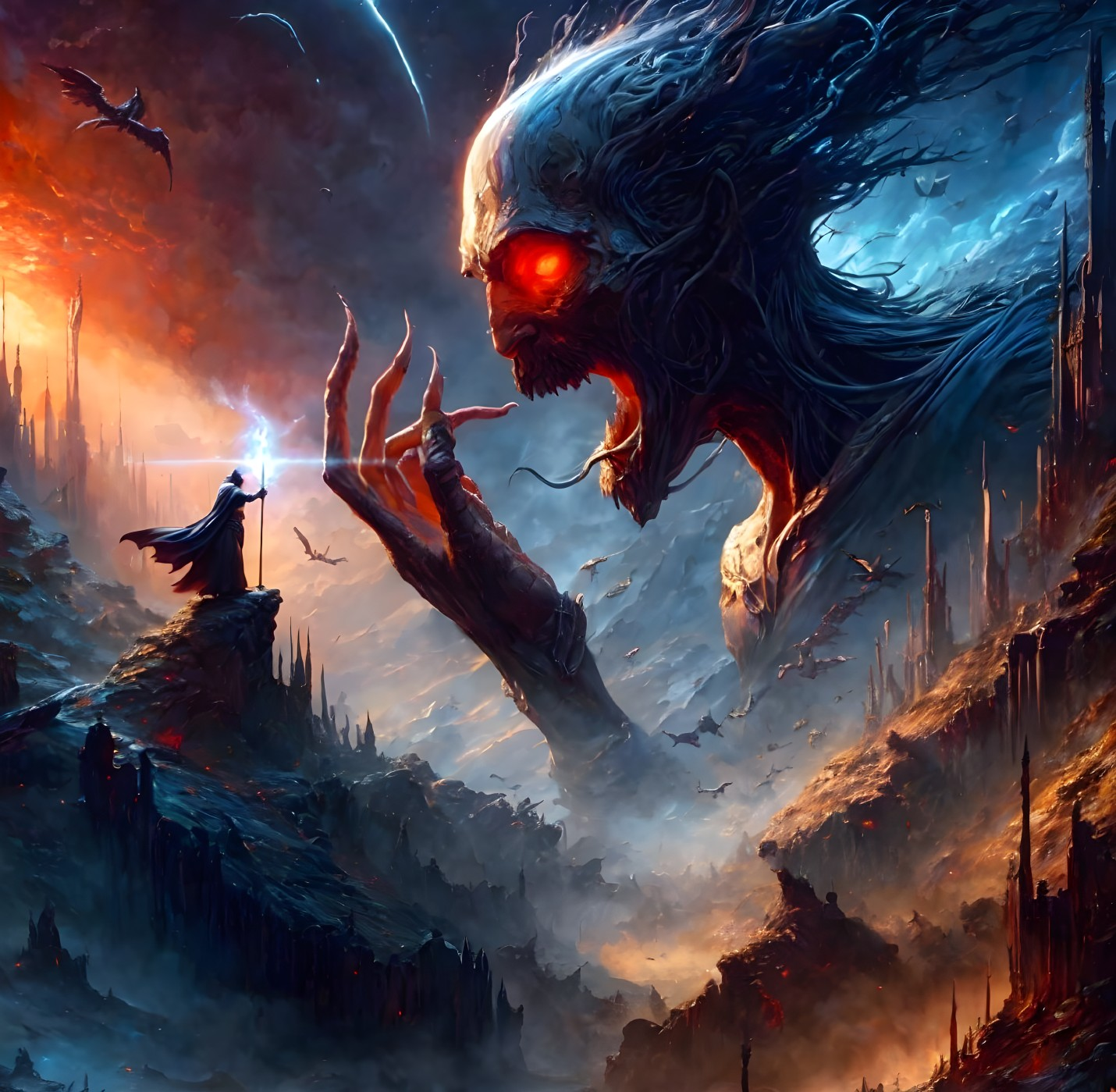 Cloaked figure faces giant monster in fiery landscape