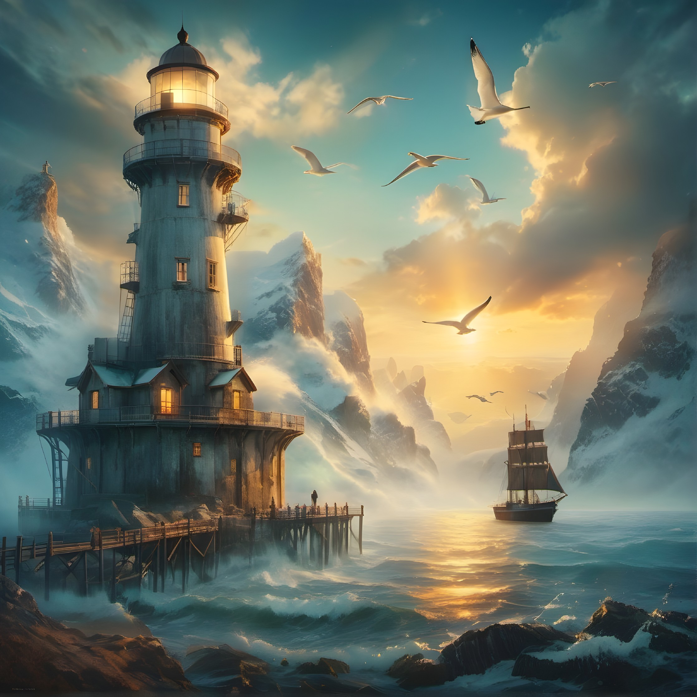 Serene Seascape with Lighthouse and Seagulls