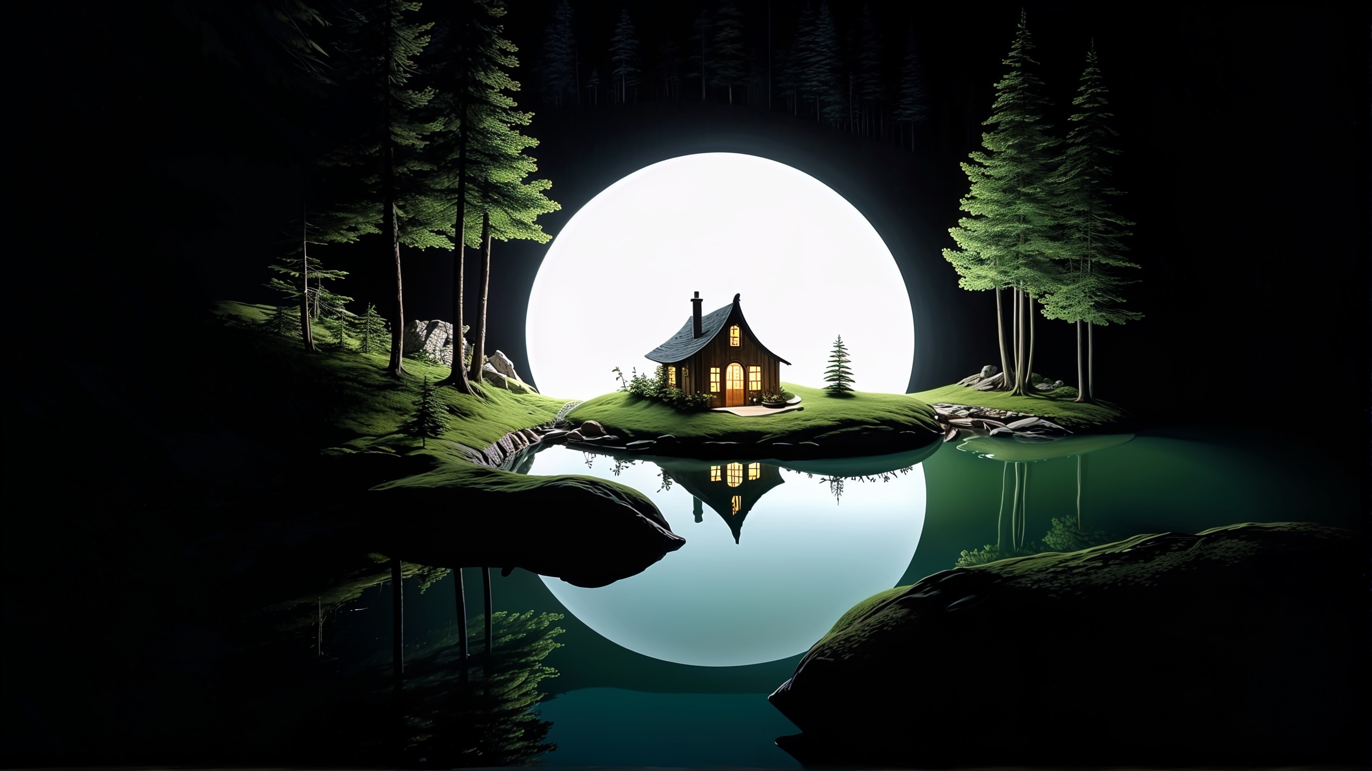 Cozy Cabin on Island Under Moonlit Sky