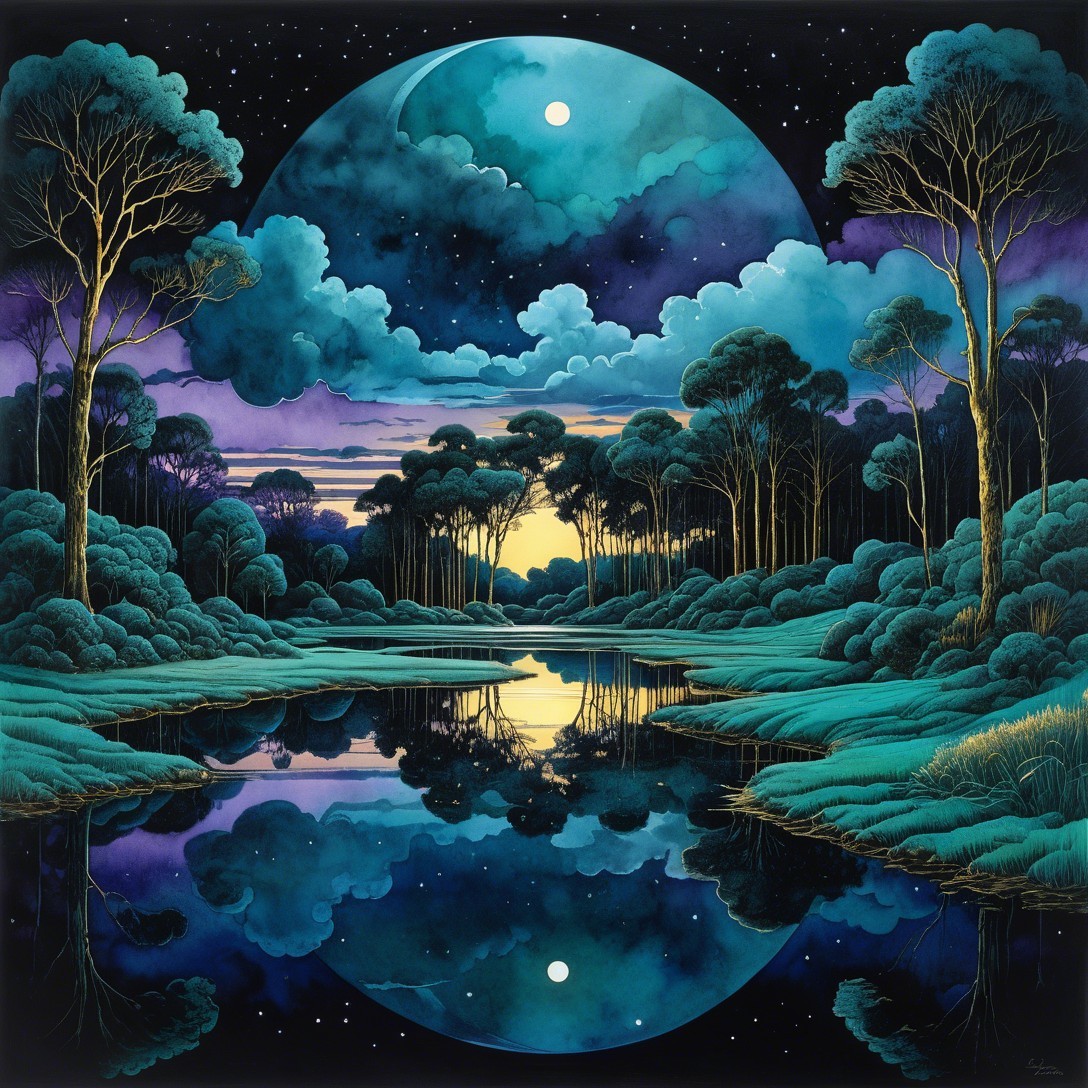 Tranquil Lake Landscape Under Starry Sky and Moonlight
