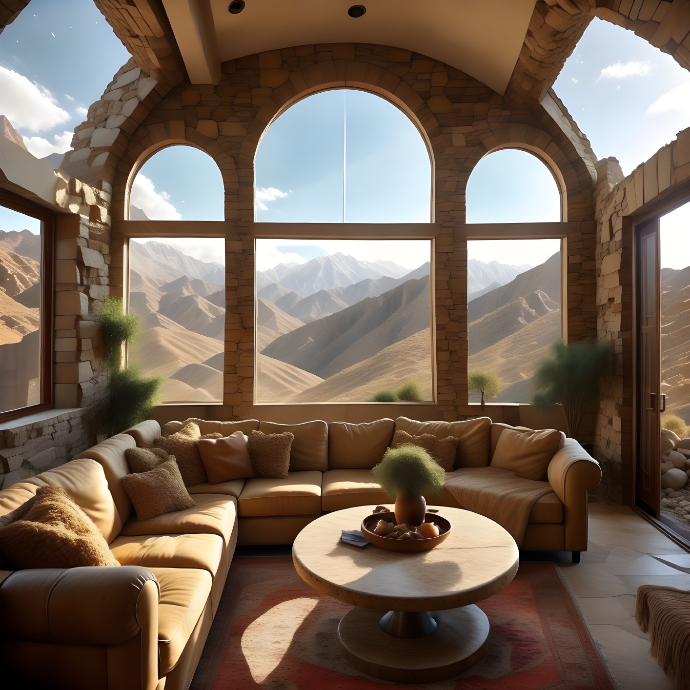 Cozy living room with stone wall and mountain views