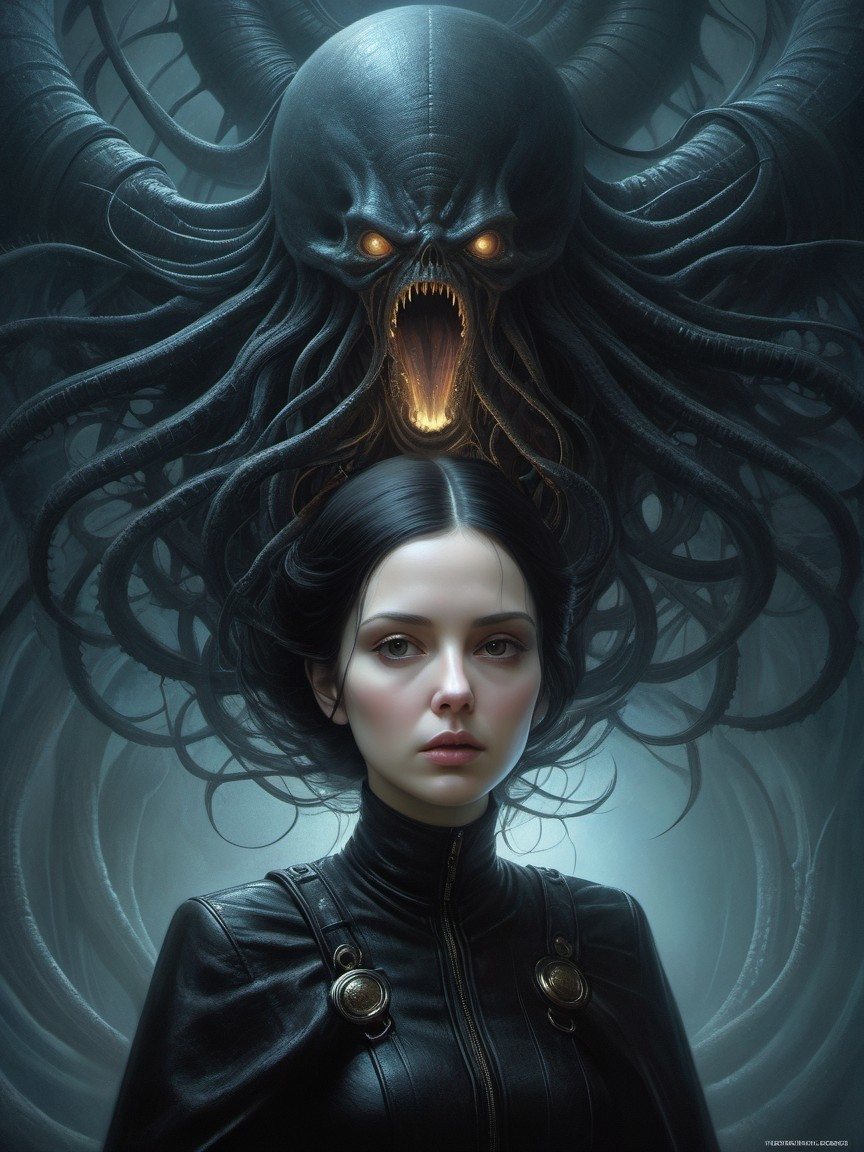 Haunting Woman and Monstrous Cosmic Horror Scene