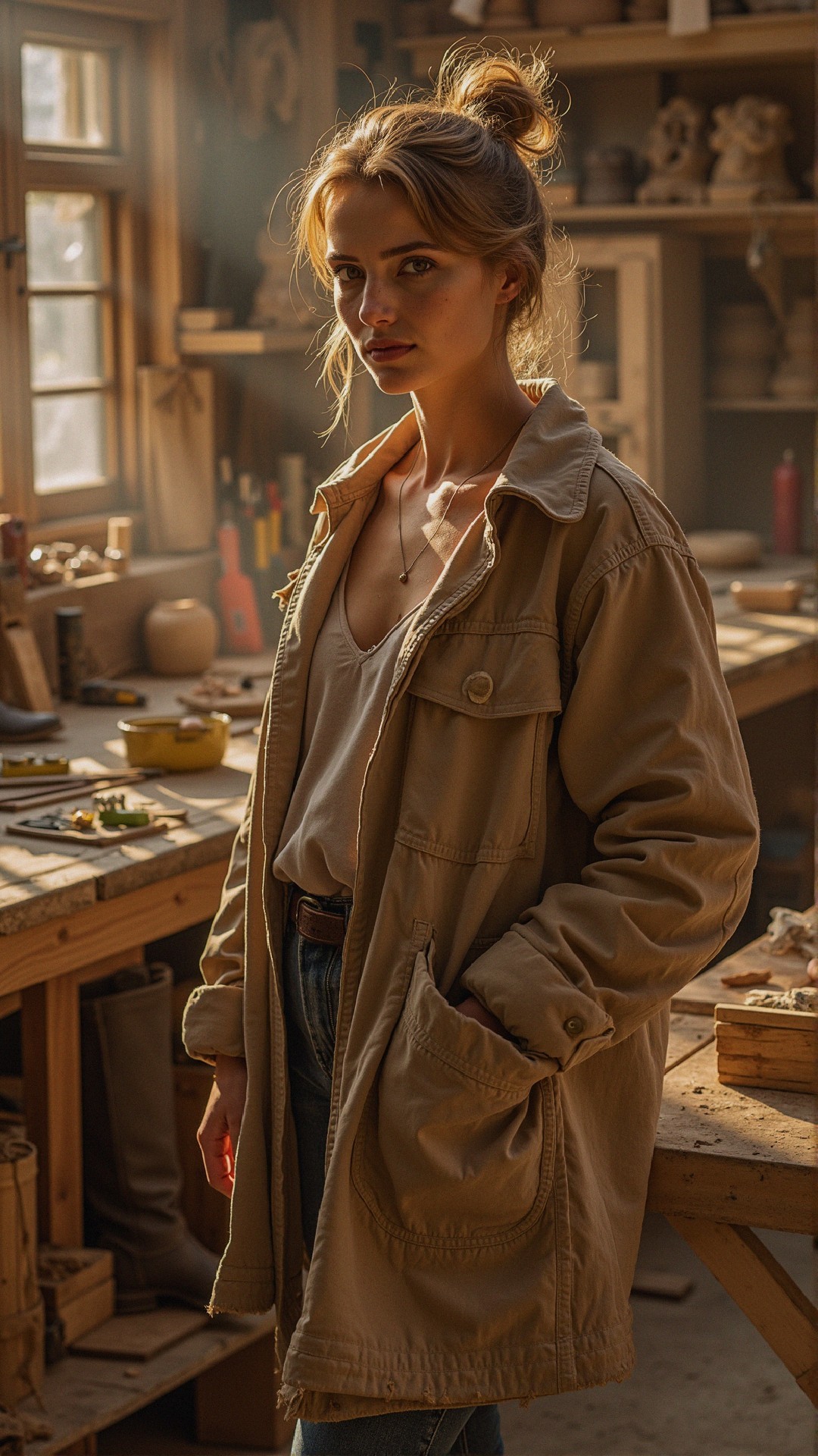 Young woman in a sunlit workshop with woodcraft supplies