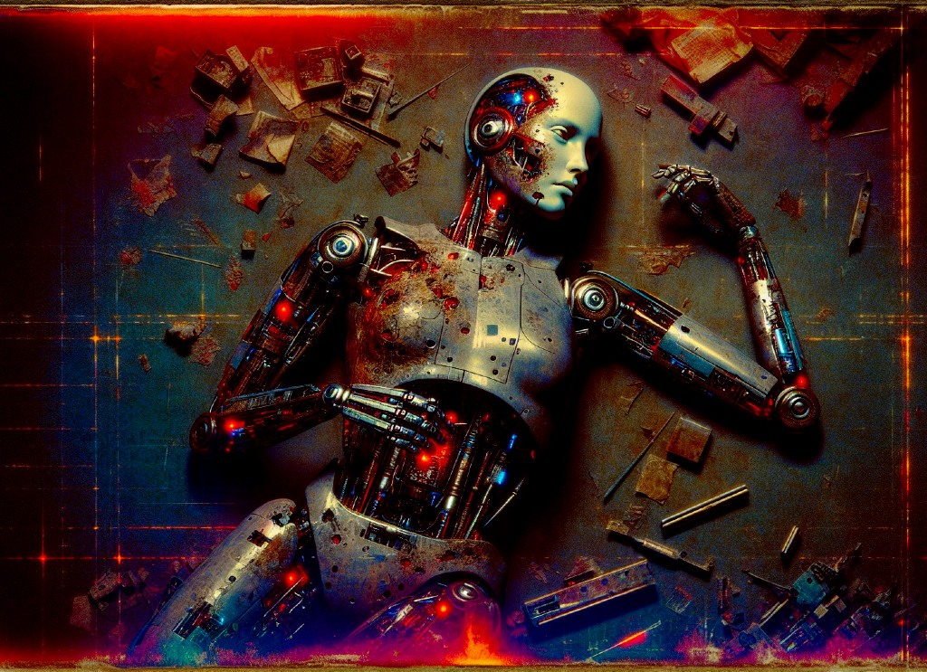 Lifelike robotic figure with intricate metallic features