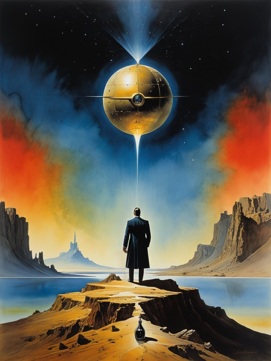 Lone Figure on Cliff with Golden Sphere and Cityscape