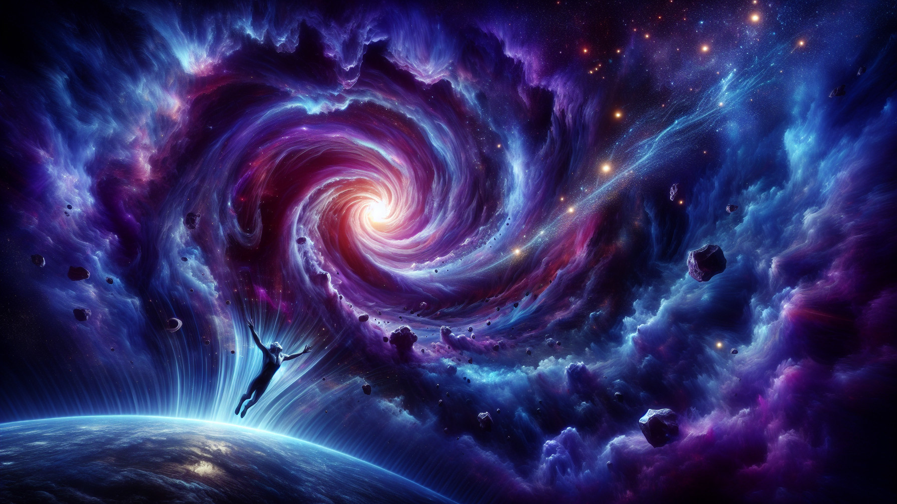 Vibrant Spiral Galaxy with Cosmic Elements and Silhouette