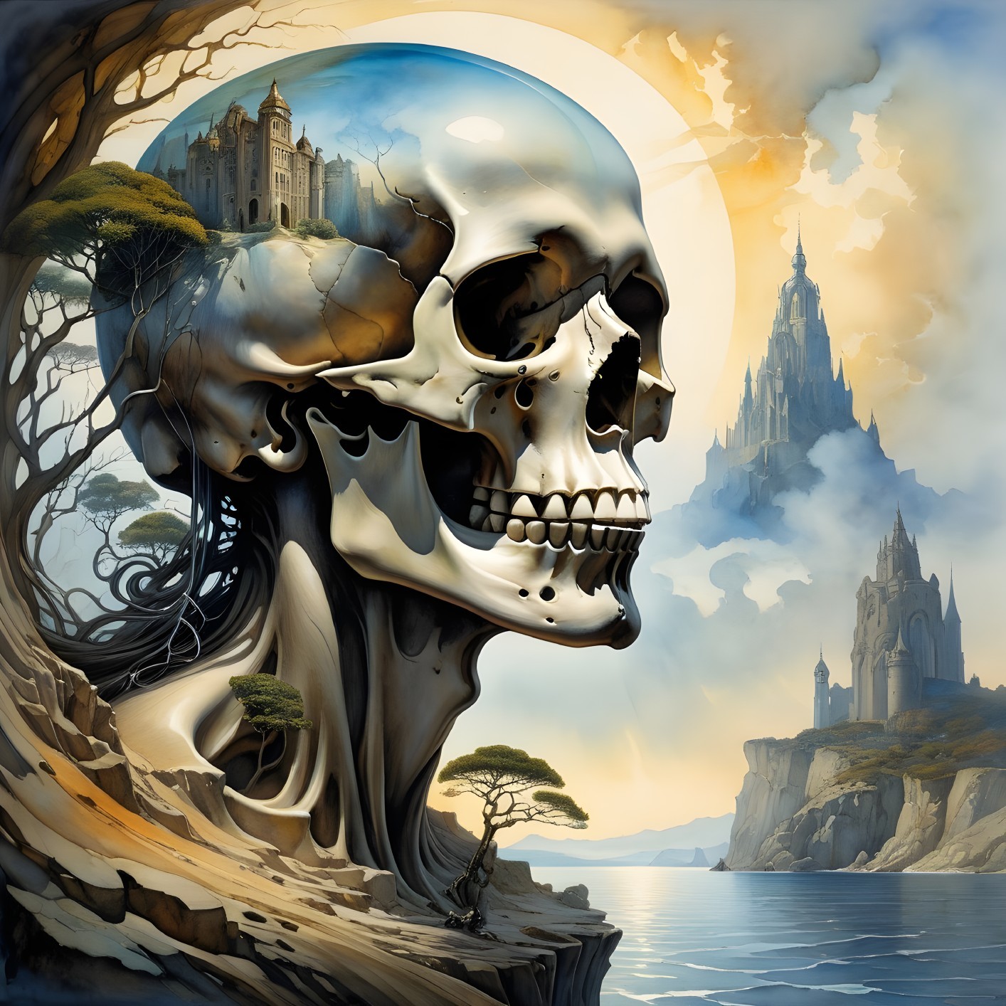 Surreal Landscape with Skull and Mystical Castles