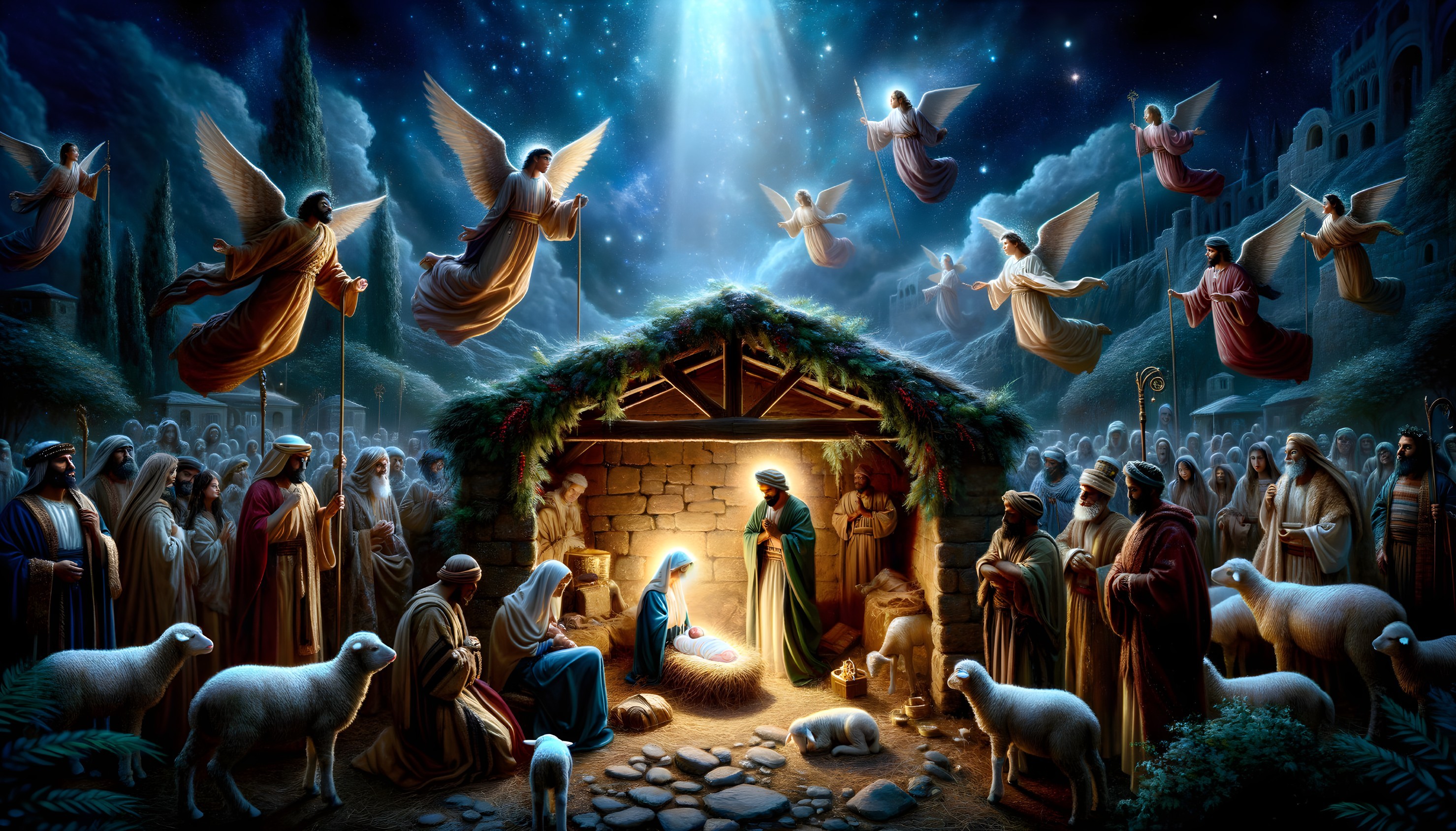 Nativity scene with Mary, Joseph, shepherds, wise men, angels under starry sky