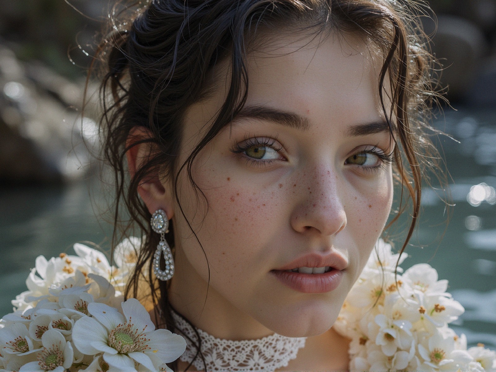 Young woman with green eyes and floral hair accessories