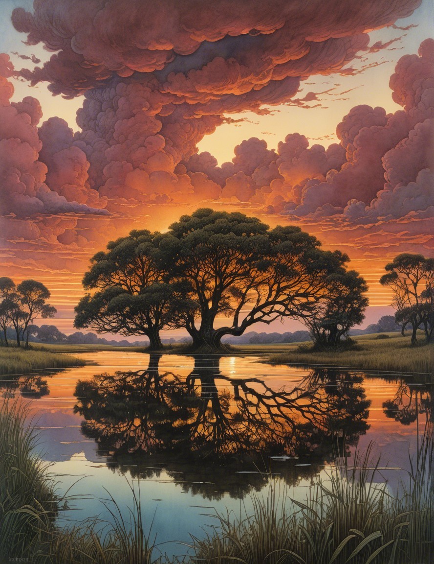 Serene Sunset Landscape with Tranquil Lake and Trees